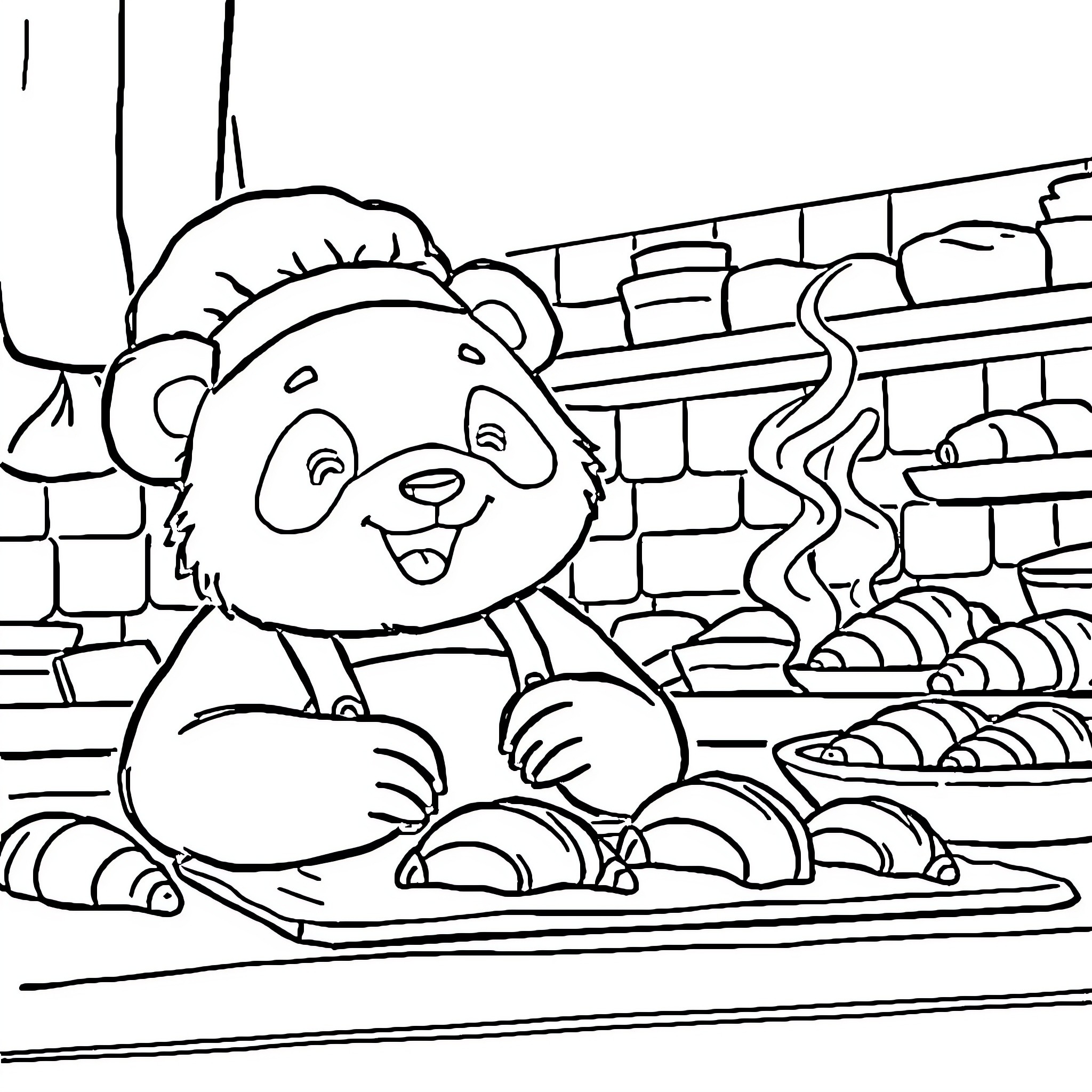 Panda relaxing in a cozy bakery setting Coloring Page (free black-and-white line drawing printable PDF for all, from beginners to advanced learners, including children, teens, adults, and seniors)