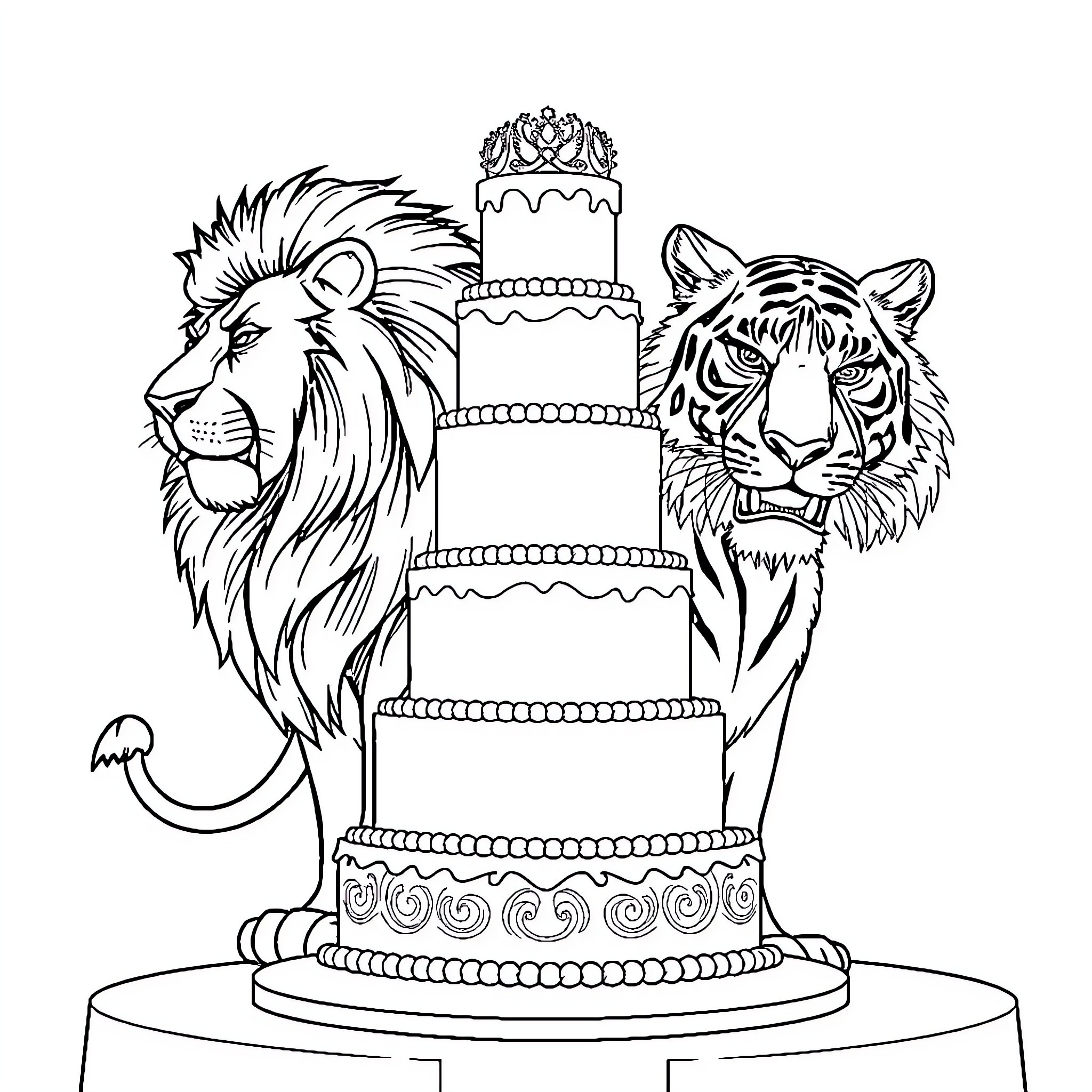 Cake with Majestic Lions on Display Coloring Page (free black-and-white line drawing printable PDF for all, from beginners to advanced learners, including children, teens, adults, and seniors)