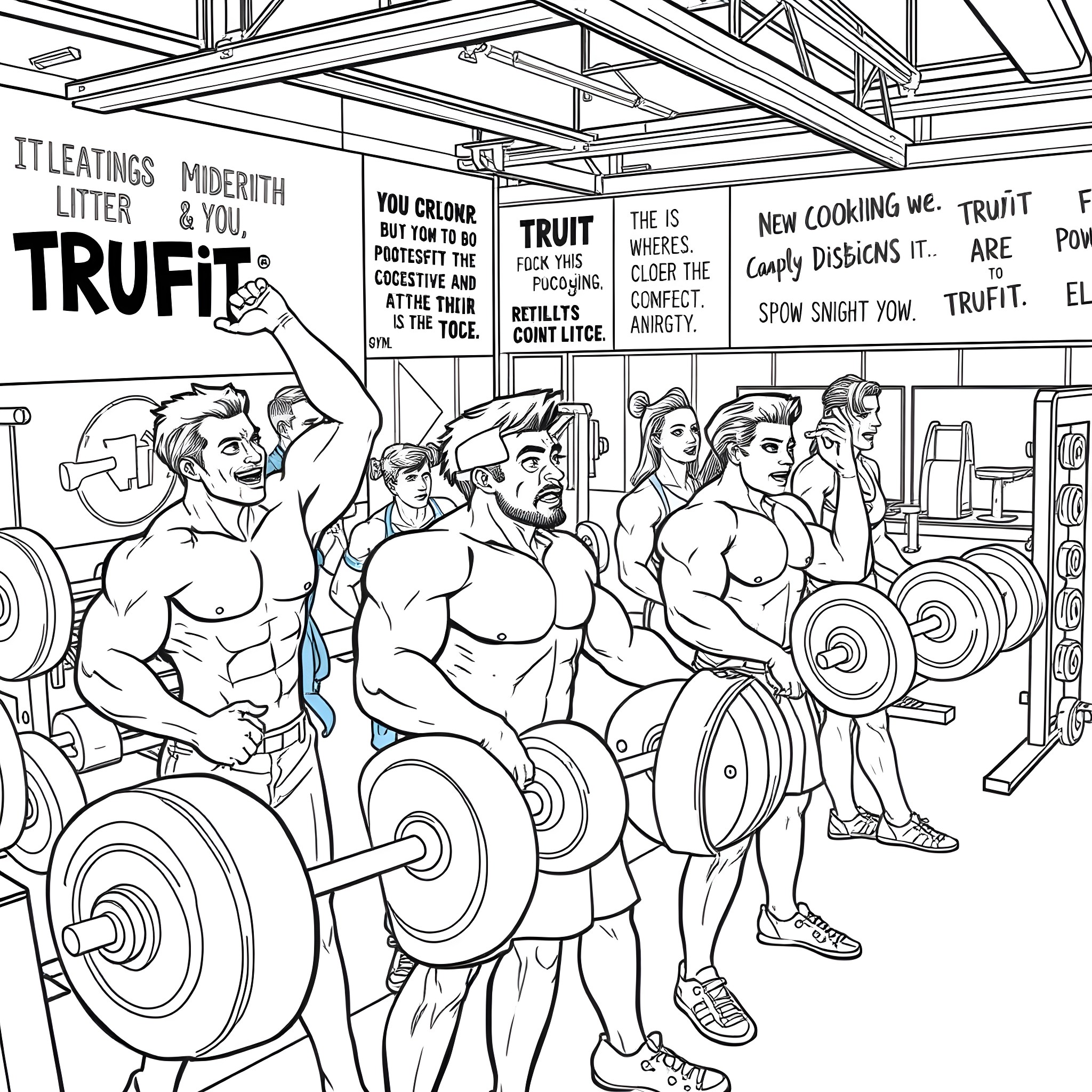 Person in a fitness gym with workout equipment Coloring Page (free black-and-white line drawing printable PDF for all, from beginners to advanced learners, including children, teens, adults, and seniors)