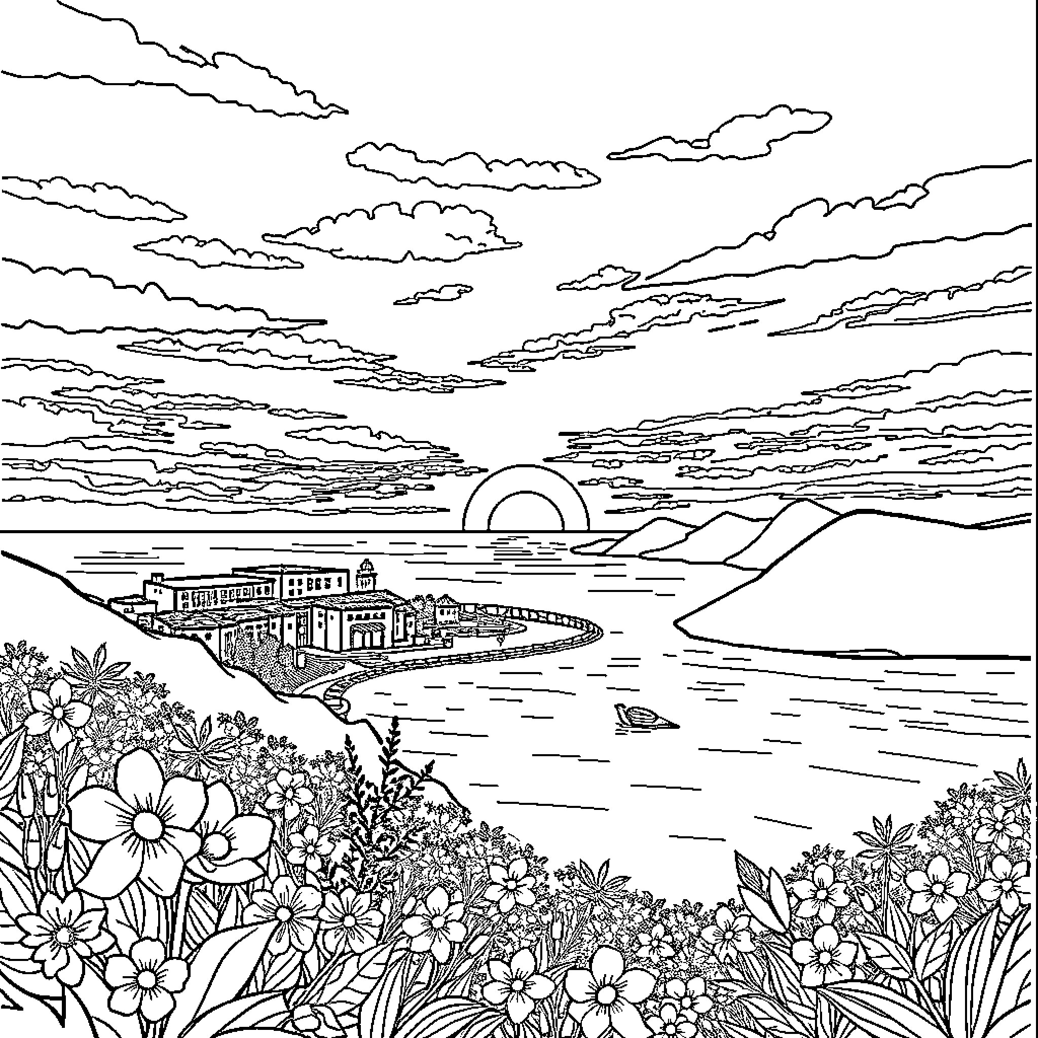 Paysage of a coastal town with flowers Coloring Page (free black-and-white line drawing printable PDF for all, from beginners to advanced learners, including children, teens, adults, and seniors)