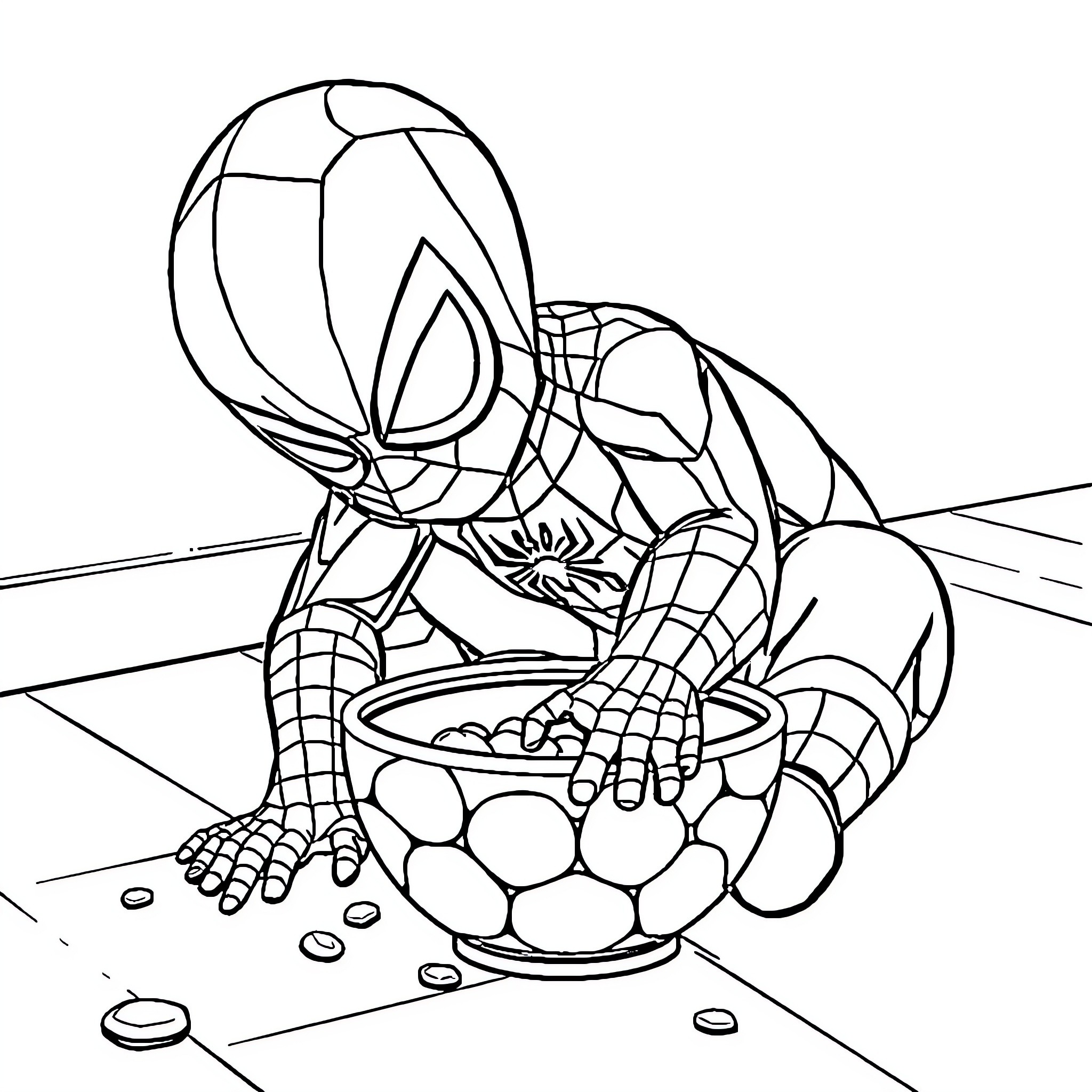 Baby Spiderman collecting pebbles in a bowl Coloring Page (free black-and-white line drawing printable PDF for all, from beginners to advanced learners, including children, teens, adults, and seniors)