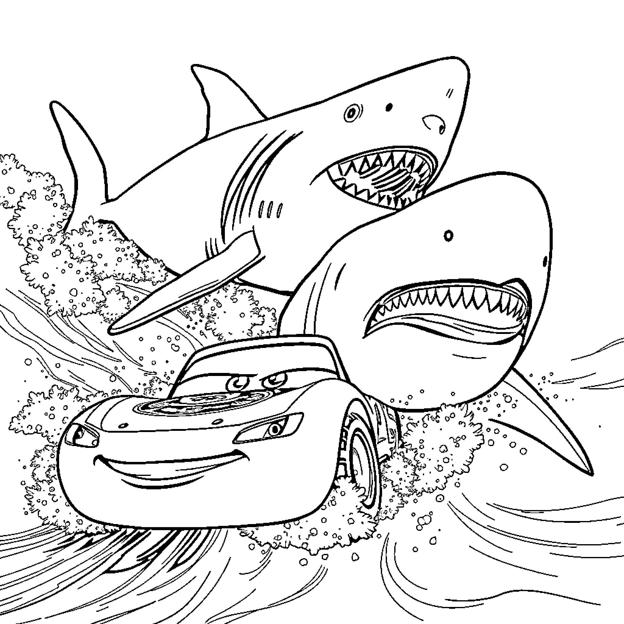 Lightning McQueen's Underwater Adventure with Sharks Coloring Page (free black-and-white line drawing printable PDF for all, from beginners to advanced learners, including children, teens, adults, and seniors)
