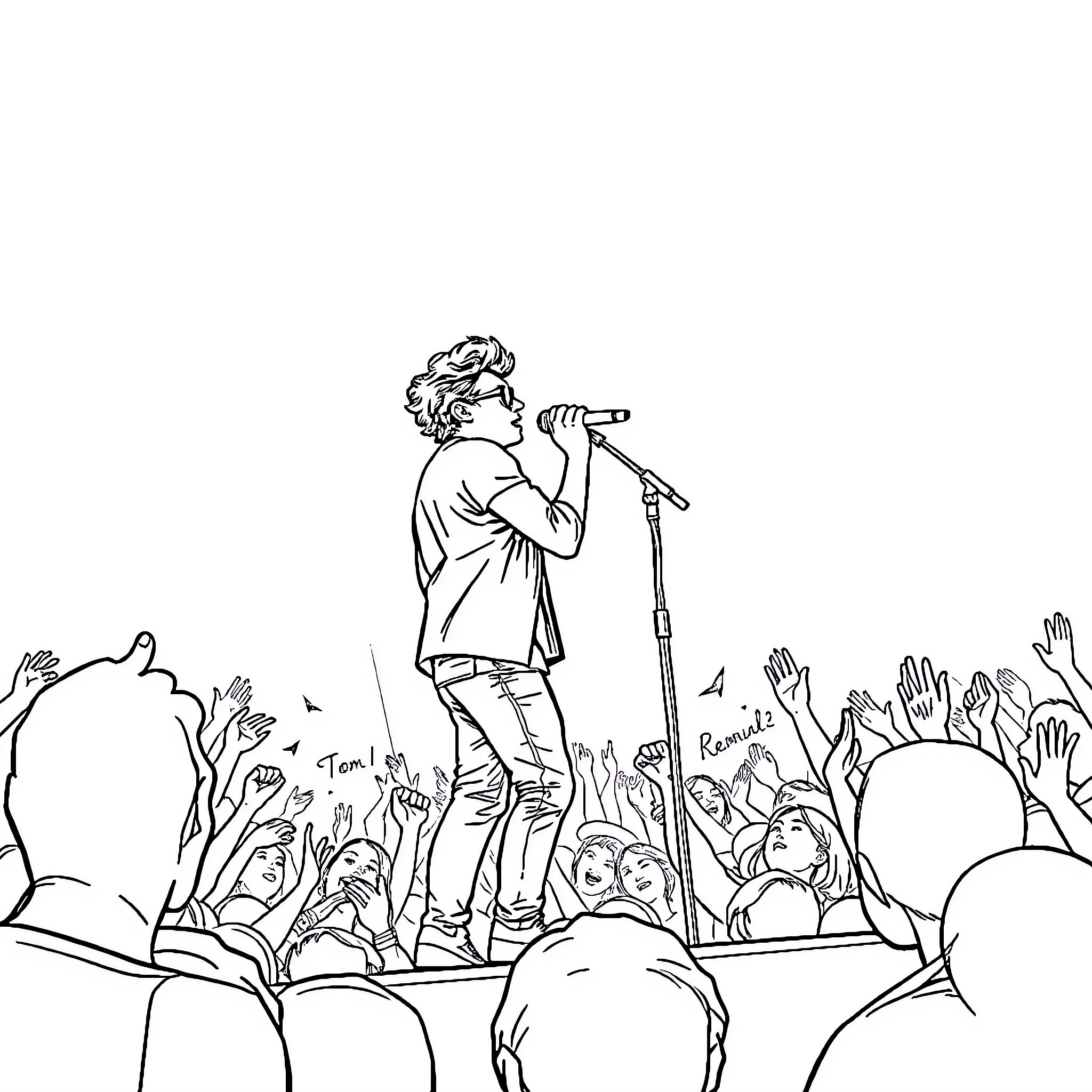 Harry Styles performing on stage with energetic crowd Coloring Page (free black-and-white line drawing printable PDF for all, from beginners to advanced learners, including children, teens, adults, and seniors)