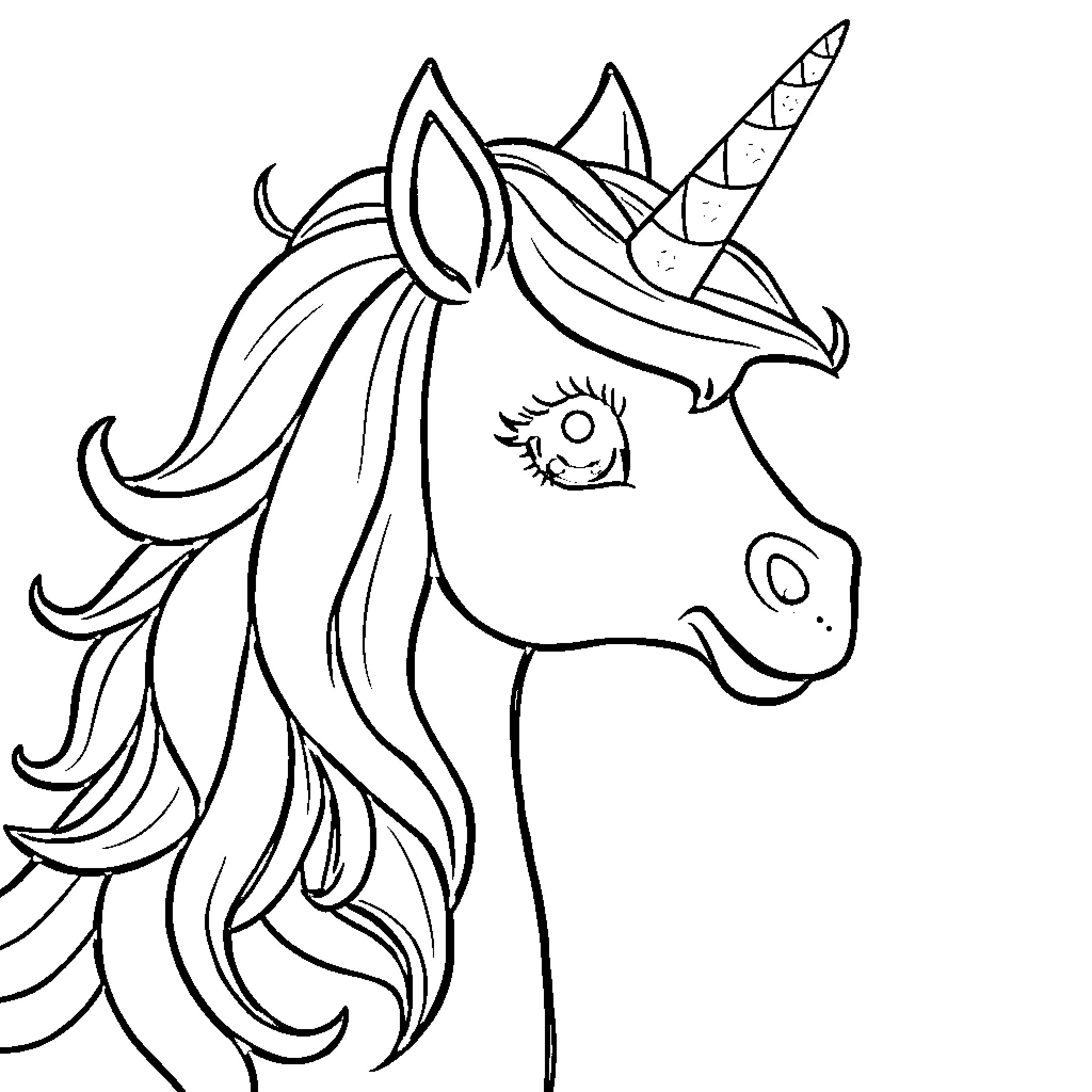 Unicorn with whimsical hairstyle and horn Coloring Page (free black-and-white line drawing printable PDF for all, from beginners to advanced learners, including children, teens, adults, and seniors)