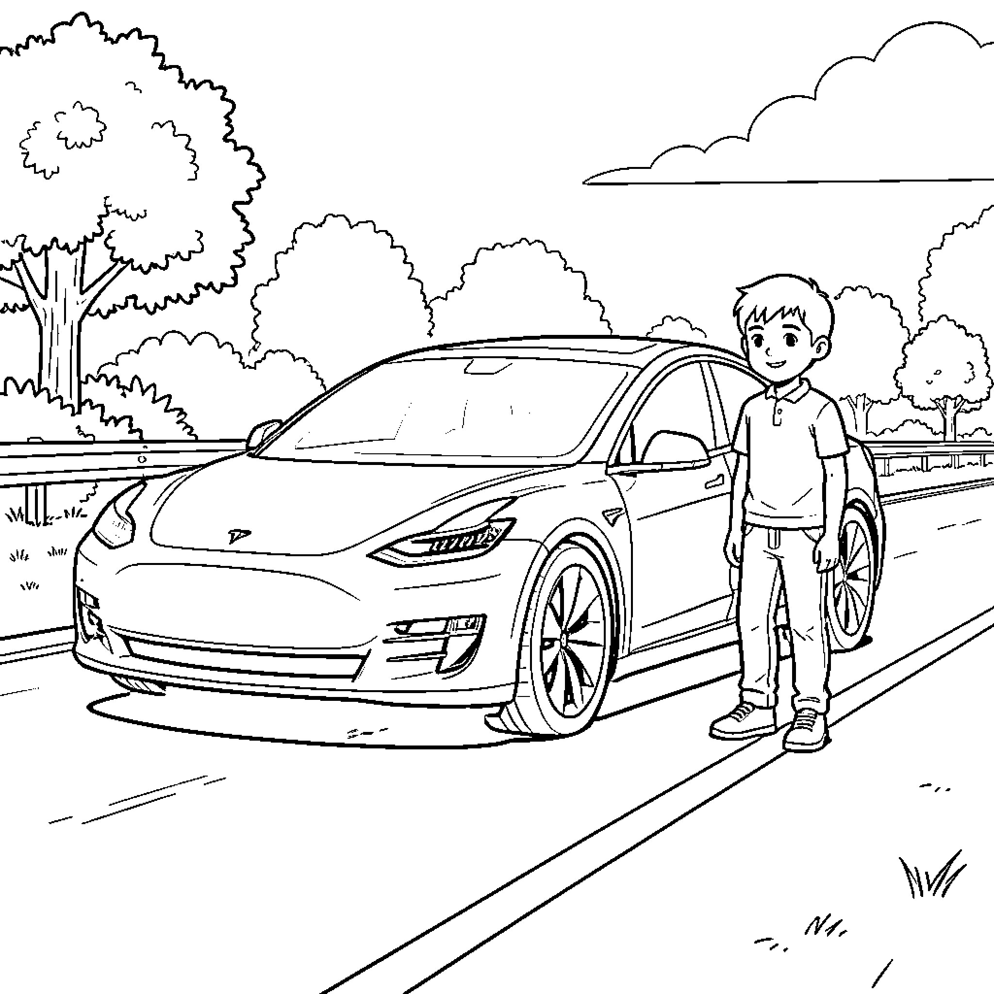 Boy standing proudly next to a modern car Coloring Page (free black-and-white line drawing printable PDF for all, from beginners to advanced learners, including children, teens, adults, and seniors)