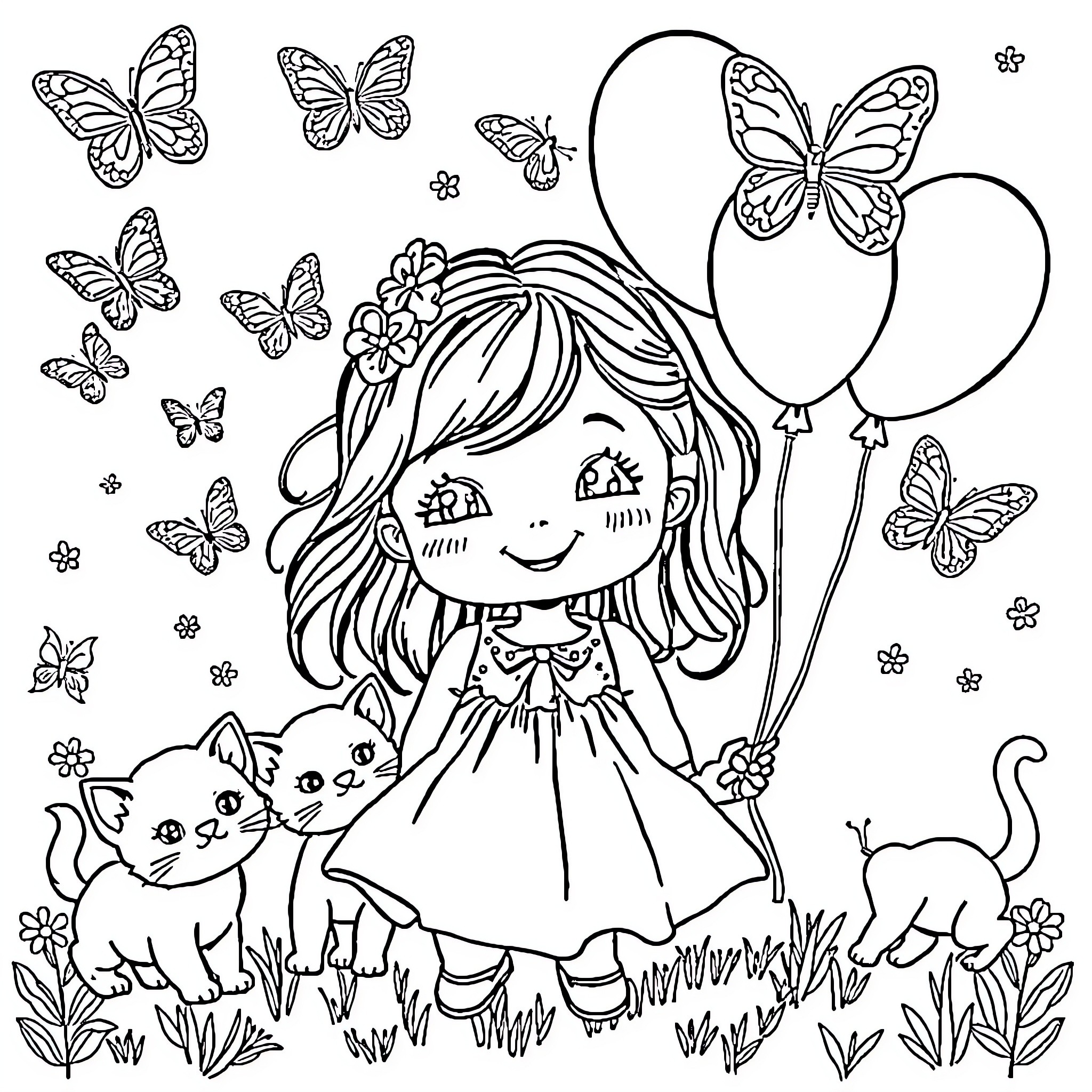 Butterfly Girl with Playful Pets and Whimsical Balloons Coloring Page (free black-and-white line drawing printable PDF for all, from beginners to advanced learners, including children, teens, adults, and seniors)