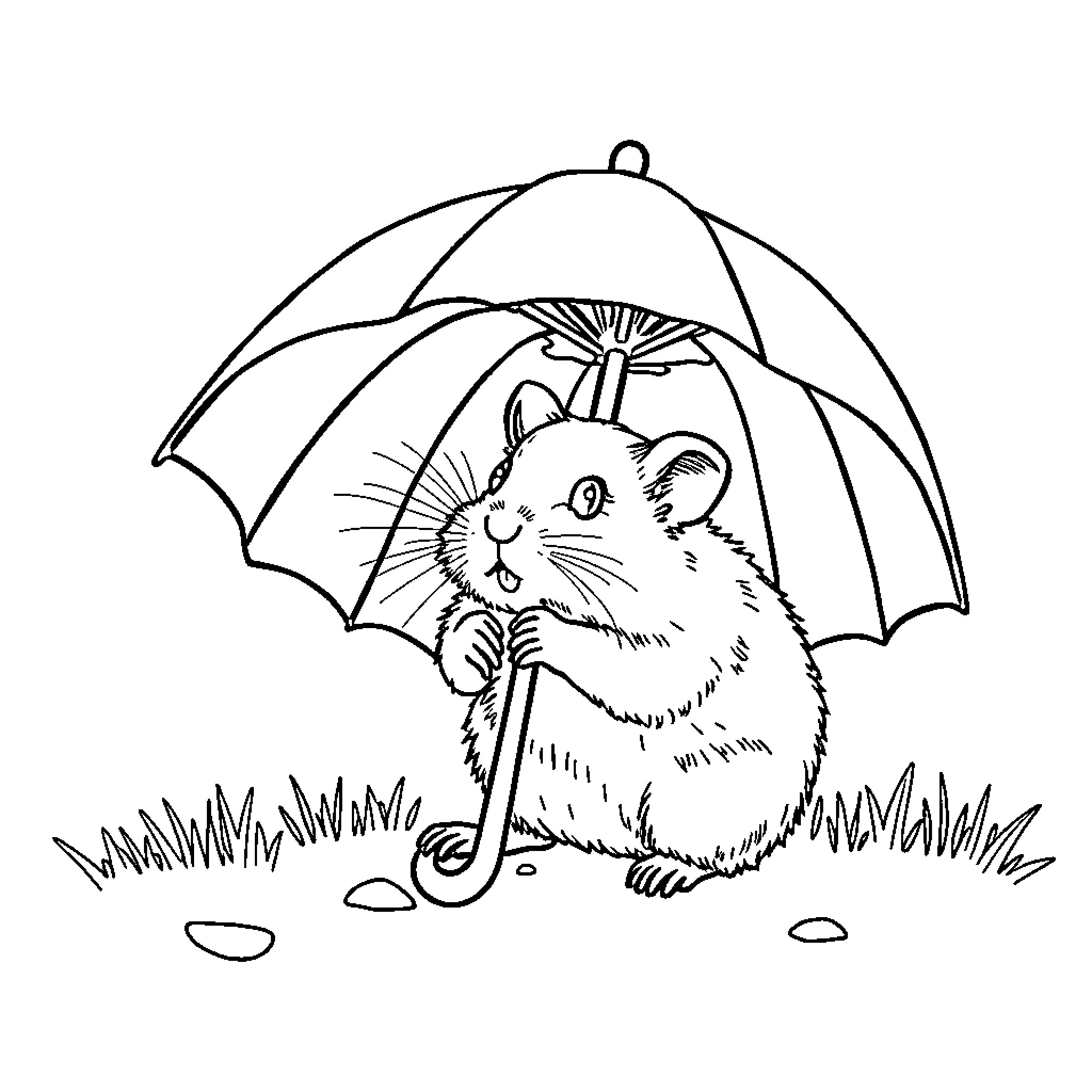 Hamster sheltering under umbrella in rain Coloring Page (free black-and-white line drawing printable PDF for all, from beginners to advanced learners, including children, teens, adults, and seniors)