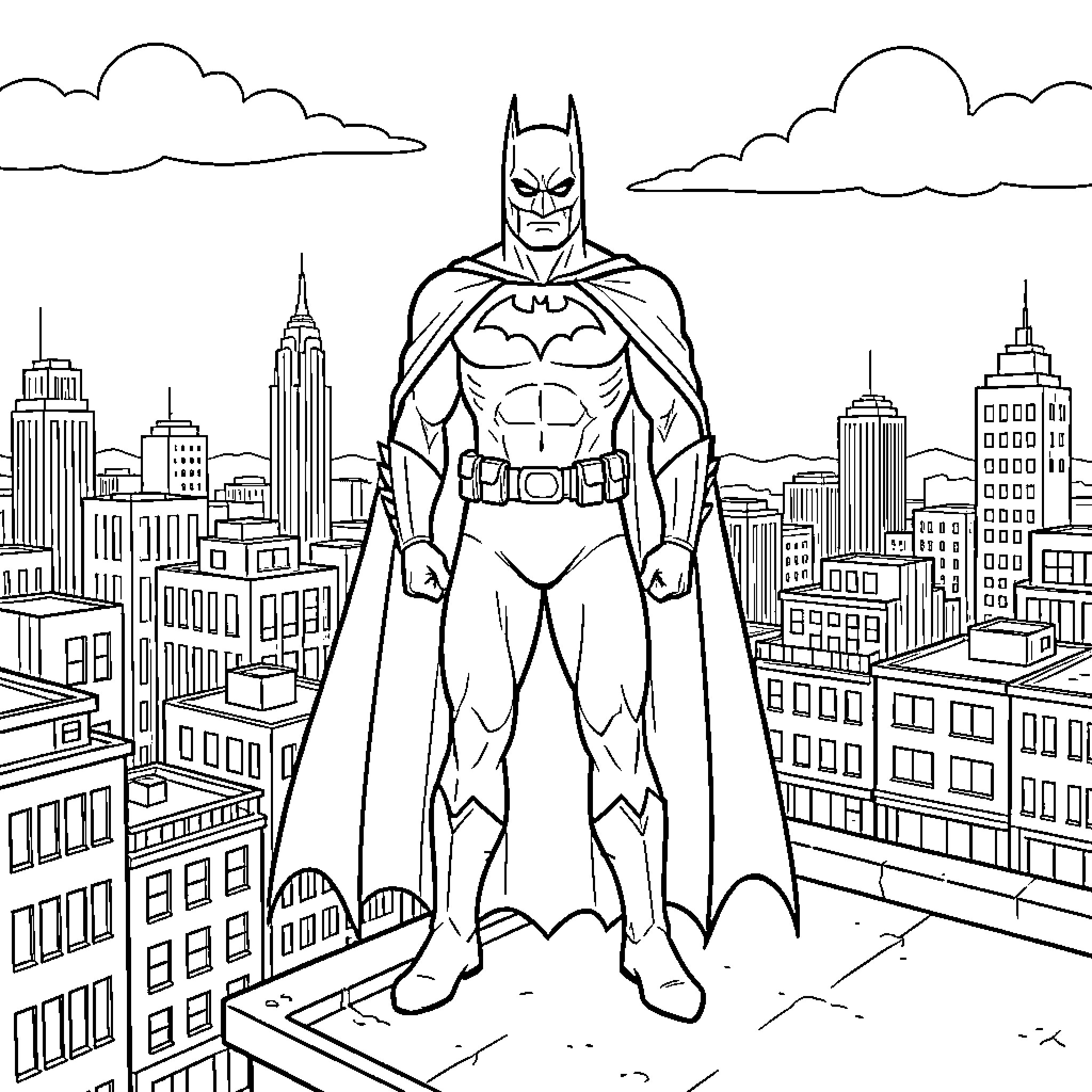 Batman overlooking the city skyline Coloring Page (free black-and-white line drawing printable PDF for all, from beginners to advanced learners, including children, teens, adults, and seniors)