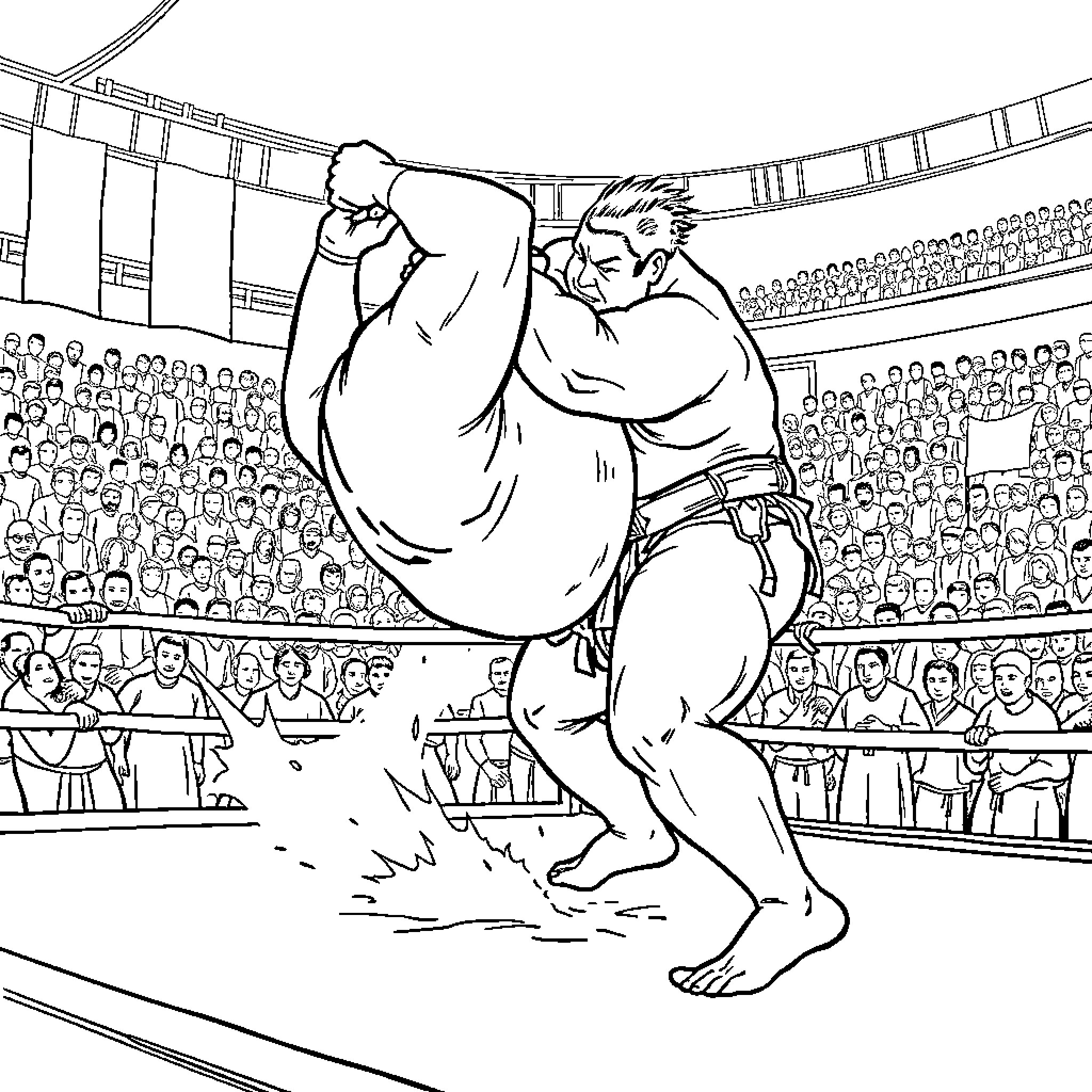 Yorikiri: Wrestlers Grappling in an Arena Coloring Page (free black-and-white line drawing printable PDF for all, from beginners to advanced learners, including children, teens, adults, and seniors)