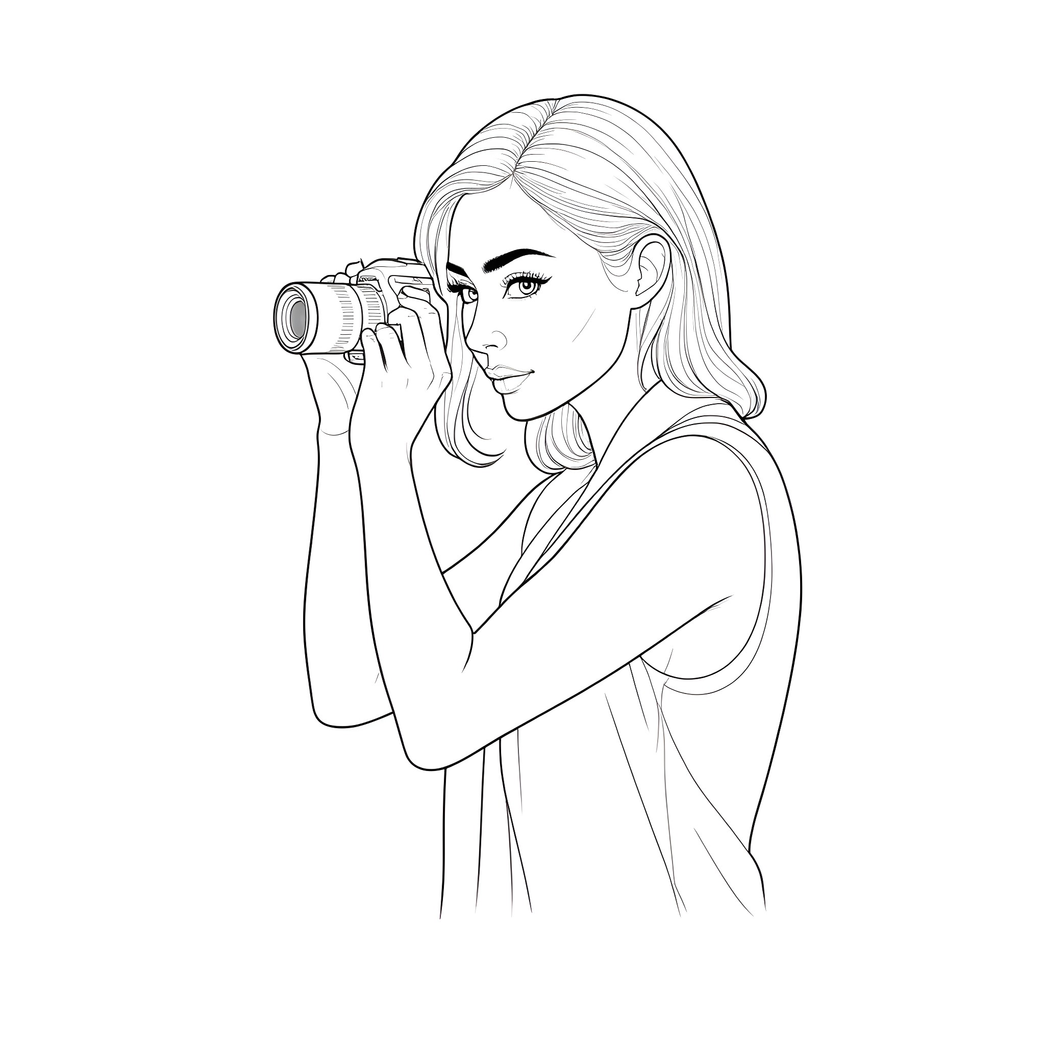 Photographer capturing the moment with camera Coloring Page (free black-and-white line drawing printable PDF for all, from beginners to advanced learners, including children, teens, adults, and seniors)