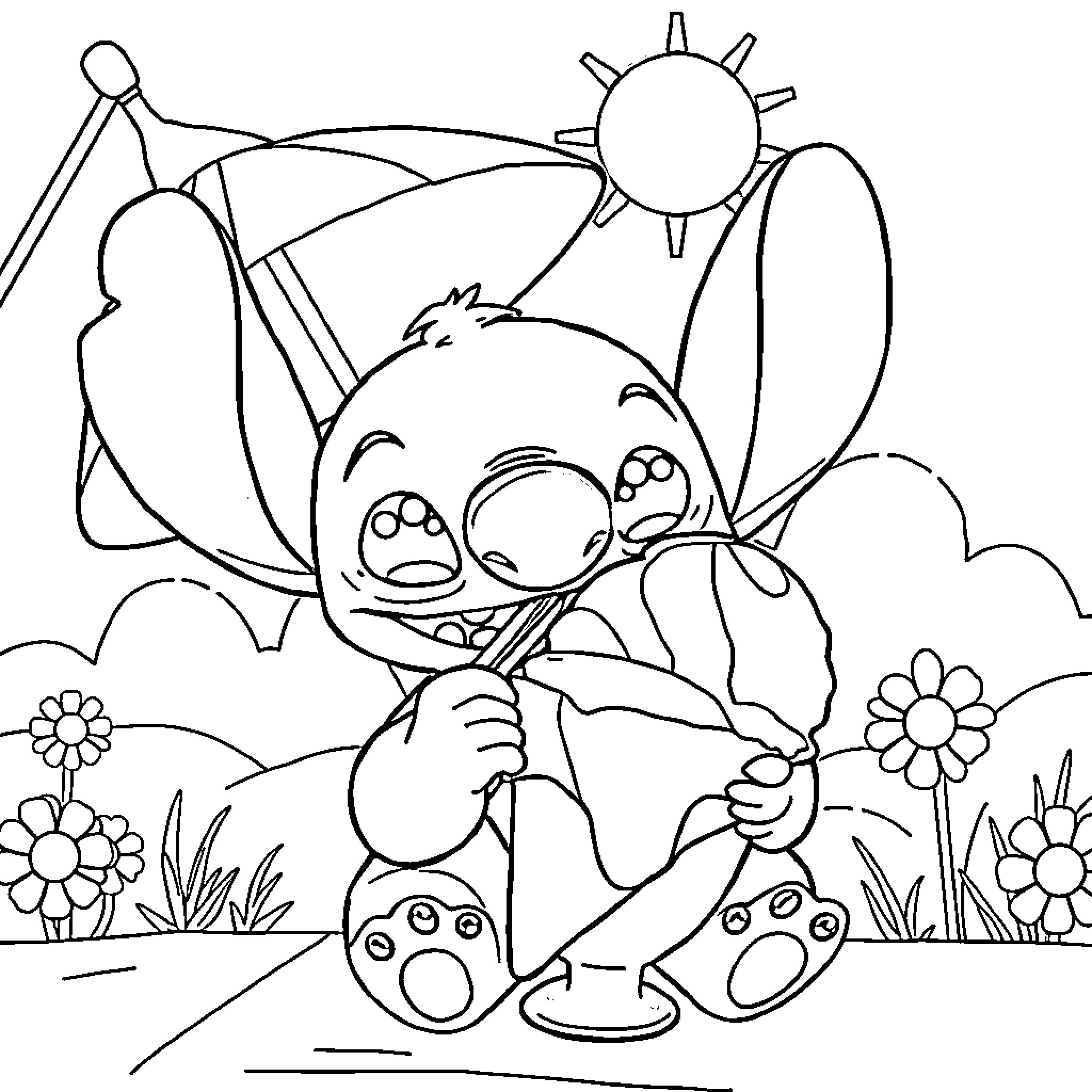 Stitch enjoying nature's beauty Coloring Page (free black-and-white line drawing printable PDF for all, from beginners to advanced learners, including children, teens, adults, and seniors)