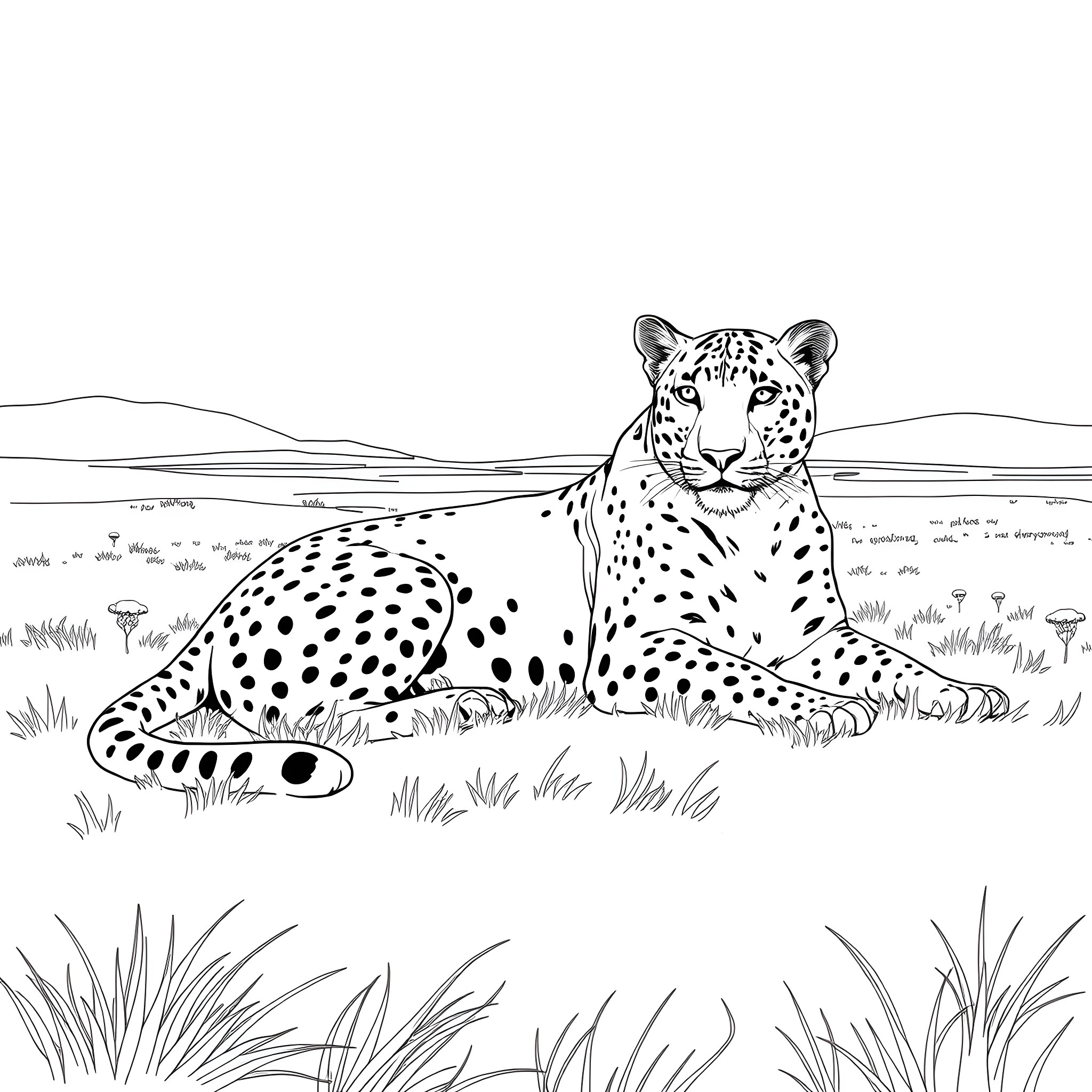 Leopard resting peacefully in the wild landscape Coloring Page (free black-and-white line drawing printable PDF for all, from beginners to advanced learners, including children, teens, adults, and seniors)