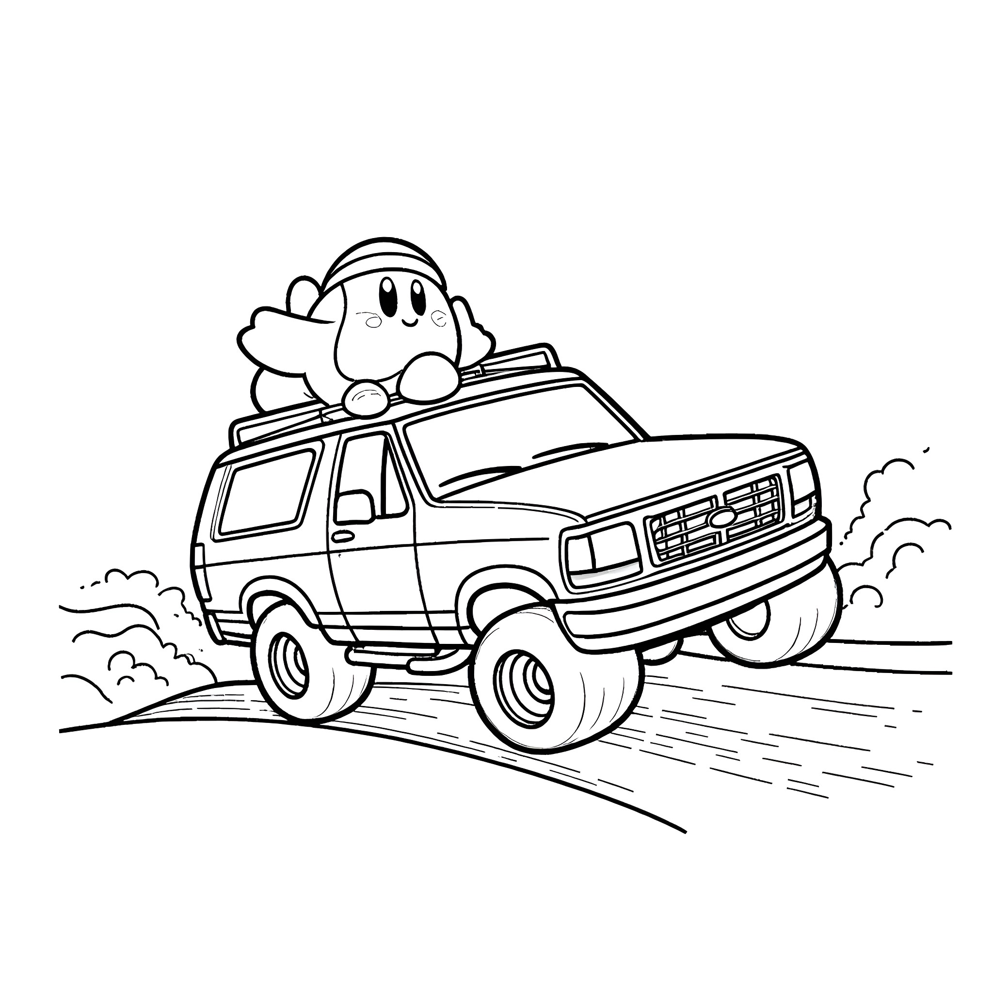 Kirby riding in a large off-road vehicle Coloring Page (free black-and-white line drawing printable PDF for all, from beginners to advanced learners, including children, teens, adults, and seniors)