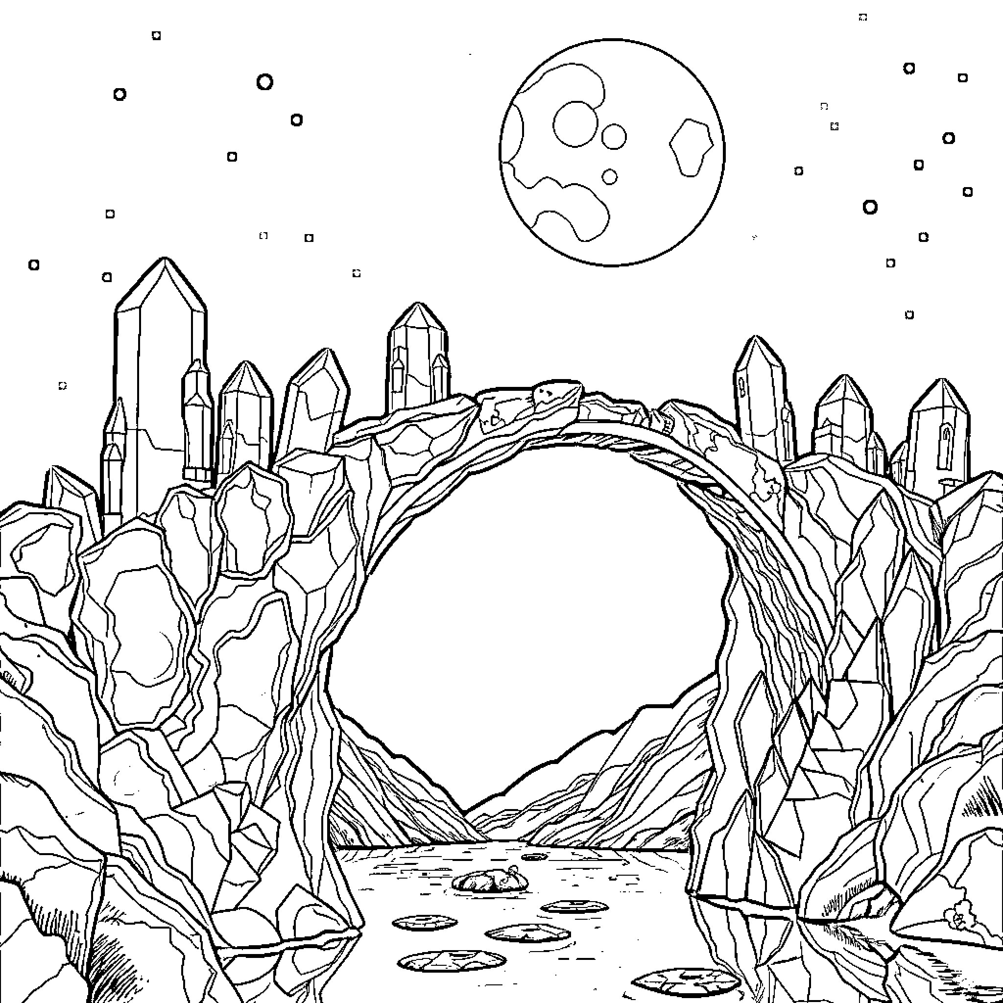 Crystal Landscape of Enchanted Crystals and Celestial Moon Coloring Page (free black-and-white line drawing printable PDF for all, from beginners to advanced learners, including children, teens, adults, and seniors)