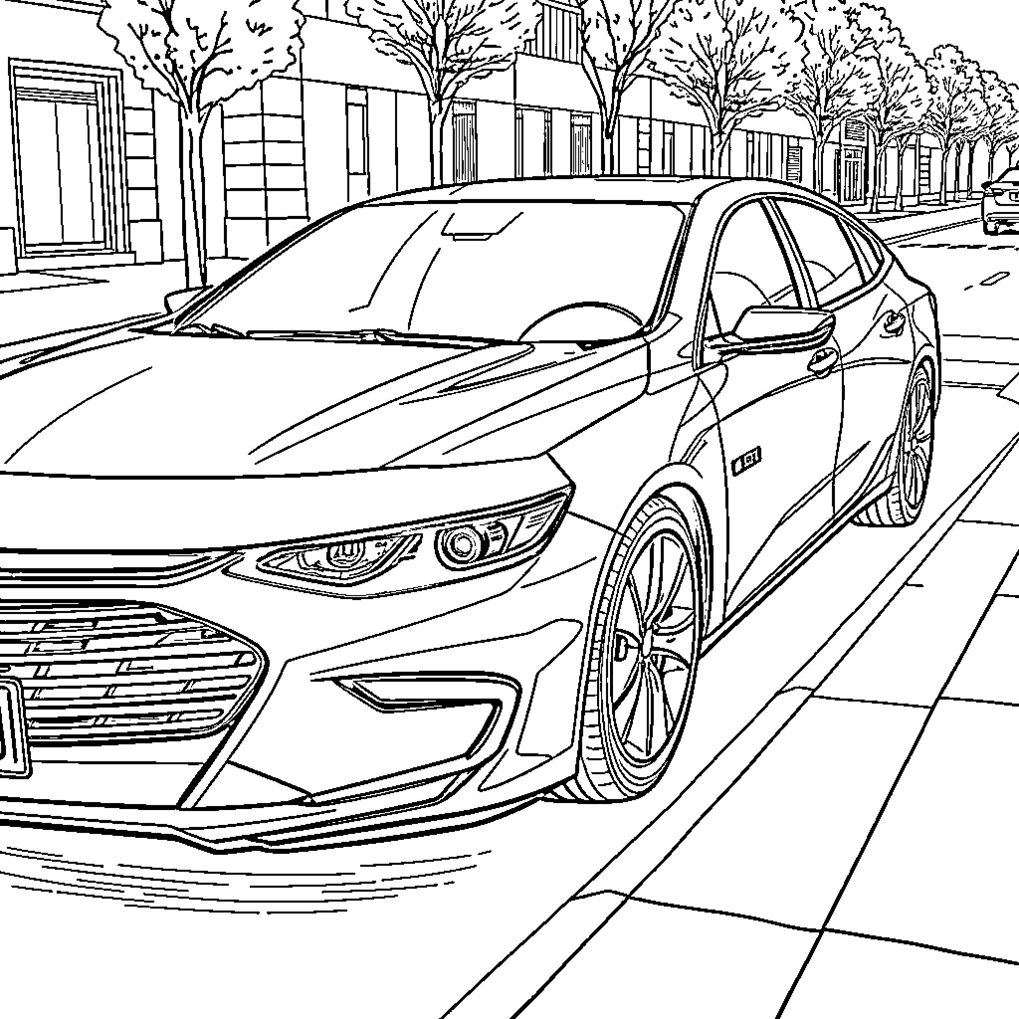 Chevy Malibu parked on a city street Coloring Page (free black-and-white line drawing printable PDF for all, from beginners to advanced learners, including children, teens, adults, and seniors)