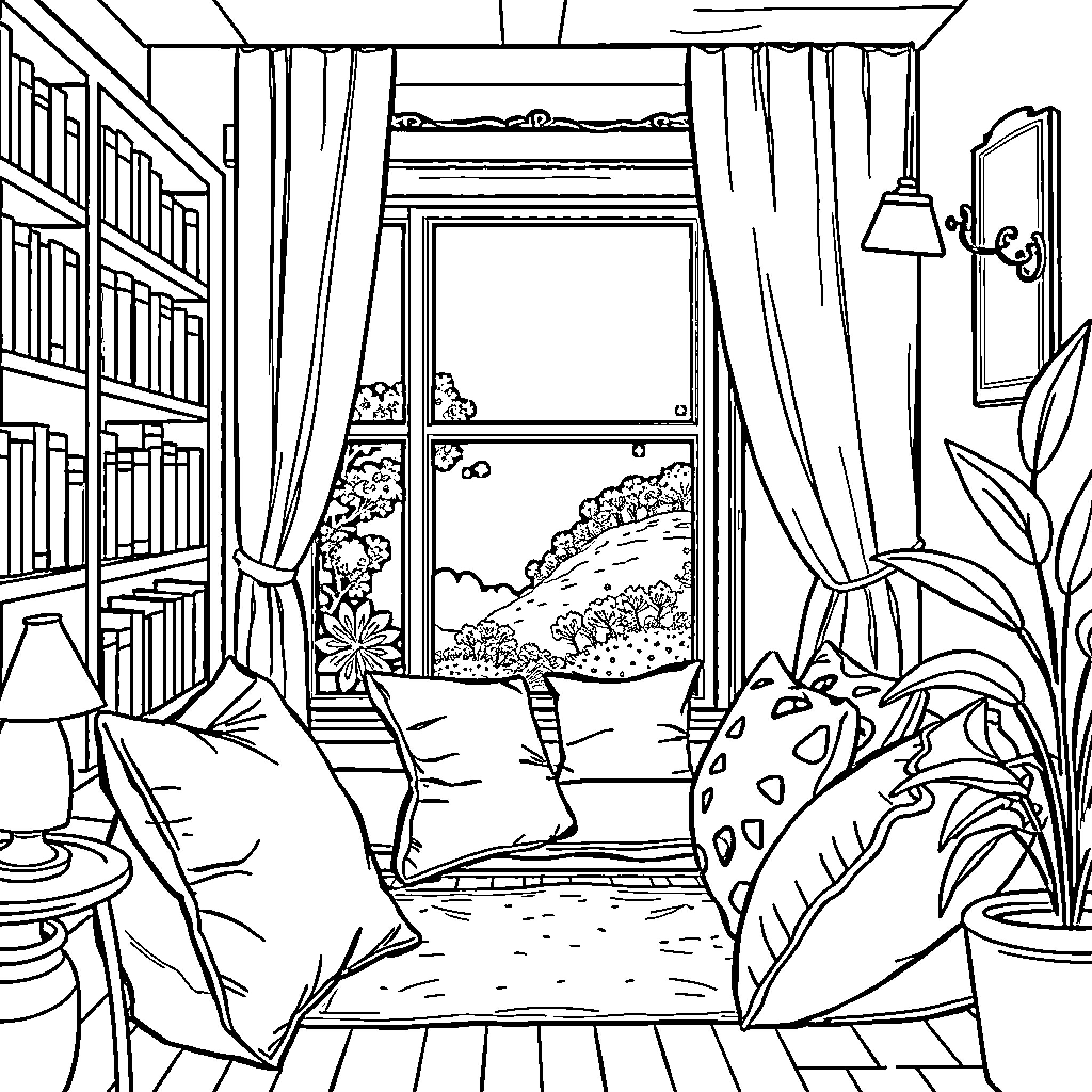 Book of cozy reading nook with nature view Coloring Page (free black-and-white line drawing printable PDF for all, from beginners to advanced learners, including children, teens, adults, and seniors)