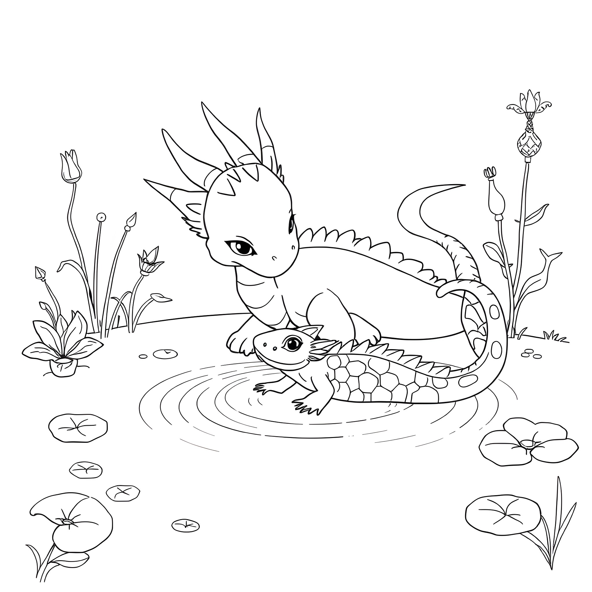 Dragon hatchlings swimming in a pond Coloring Page (free black-and-white line drawing printable PDF for all, from beginners to advanced learners, including children, teens, adults, and seniors)
