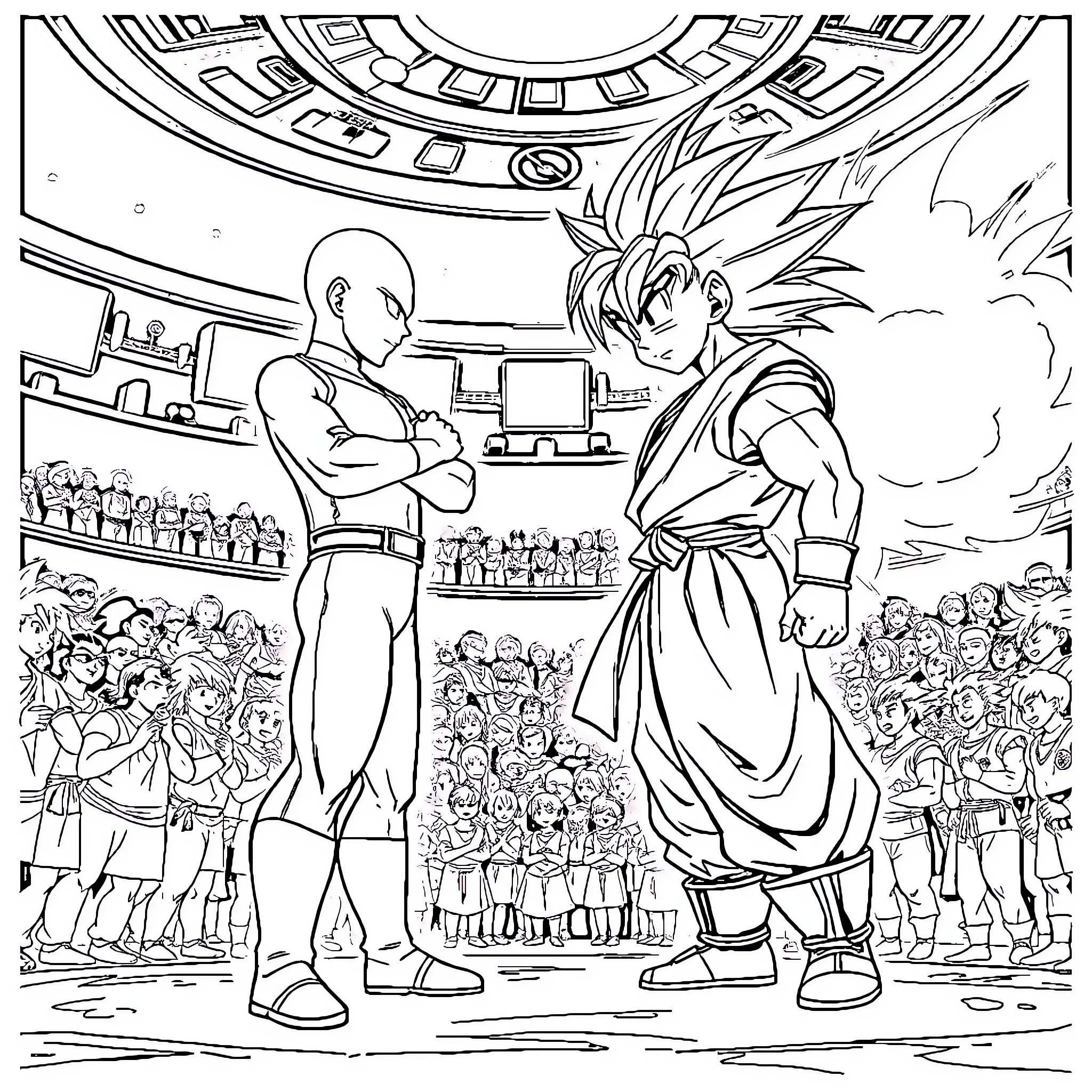 Saitama confronts a fierce warrior in a crowded arena Coloring Page (free black-and-white line drawing printable PDF for all, from beginners to advanced learners, including children, teens, adults, and seniors)