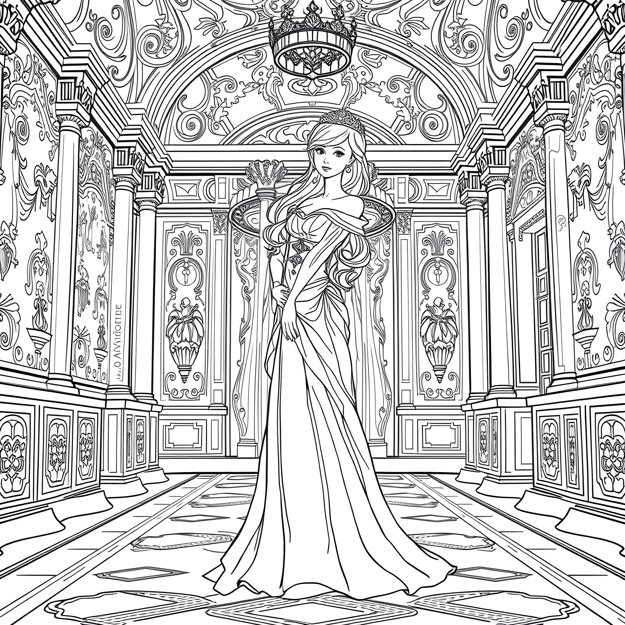 Princess in a grand palace Coloring Page (free black-and-white line drawing printable PDF for all, from beginners to advanced learners, including children, teens, adults, and seniors)