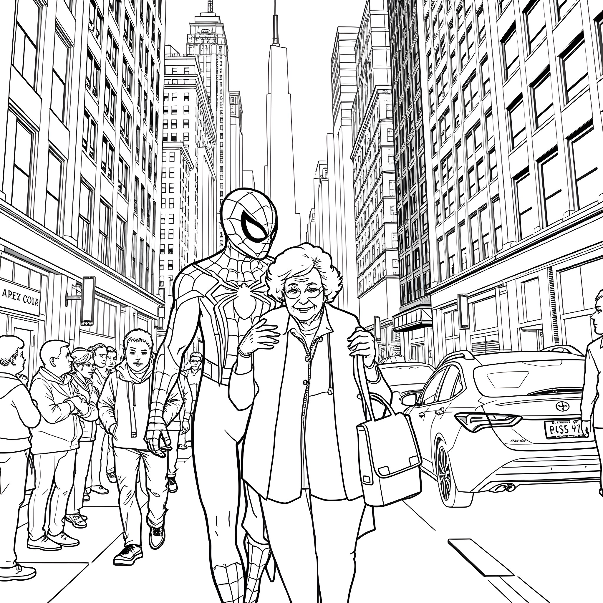 Spiderman Meets Elderly Woman in Bustling City Coloring Page (free black-and-white line drawing printable PDF for all, from beginners to advanced learners, including children, teens, adults, and seniors)