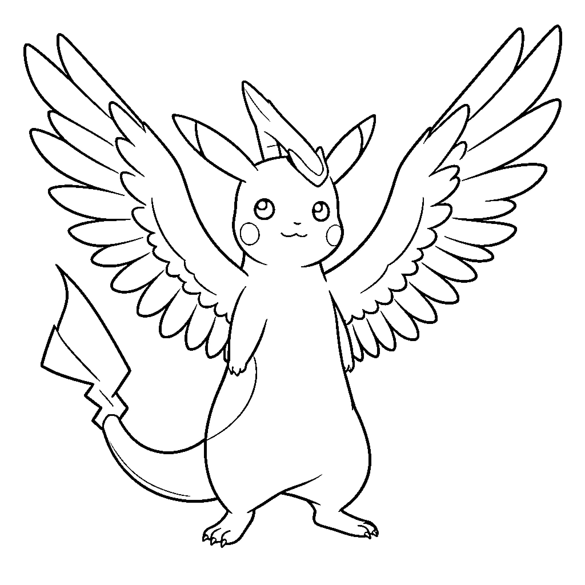 Pikachu spreading its large wings happily Coloring Page (free black-and-white line drawing printable PDF for all, from beginners to advanced learners, including children, teens, adults, and seniors)