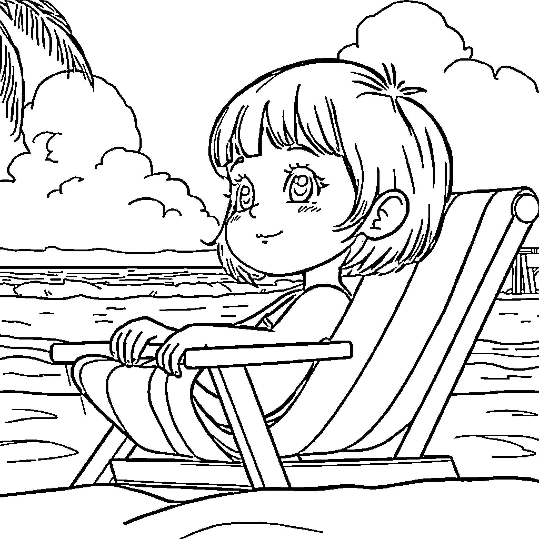 Girl relaxing on beach chair by the ocean Coloring Page (free black-and-white line drawing printable PDF for all, from beginners to advanced learners, including children, teens, adults, and seniors)