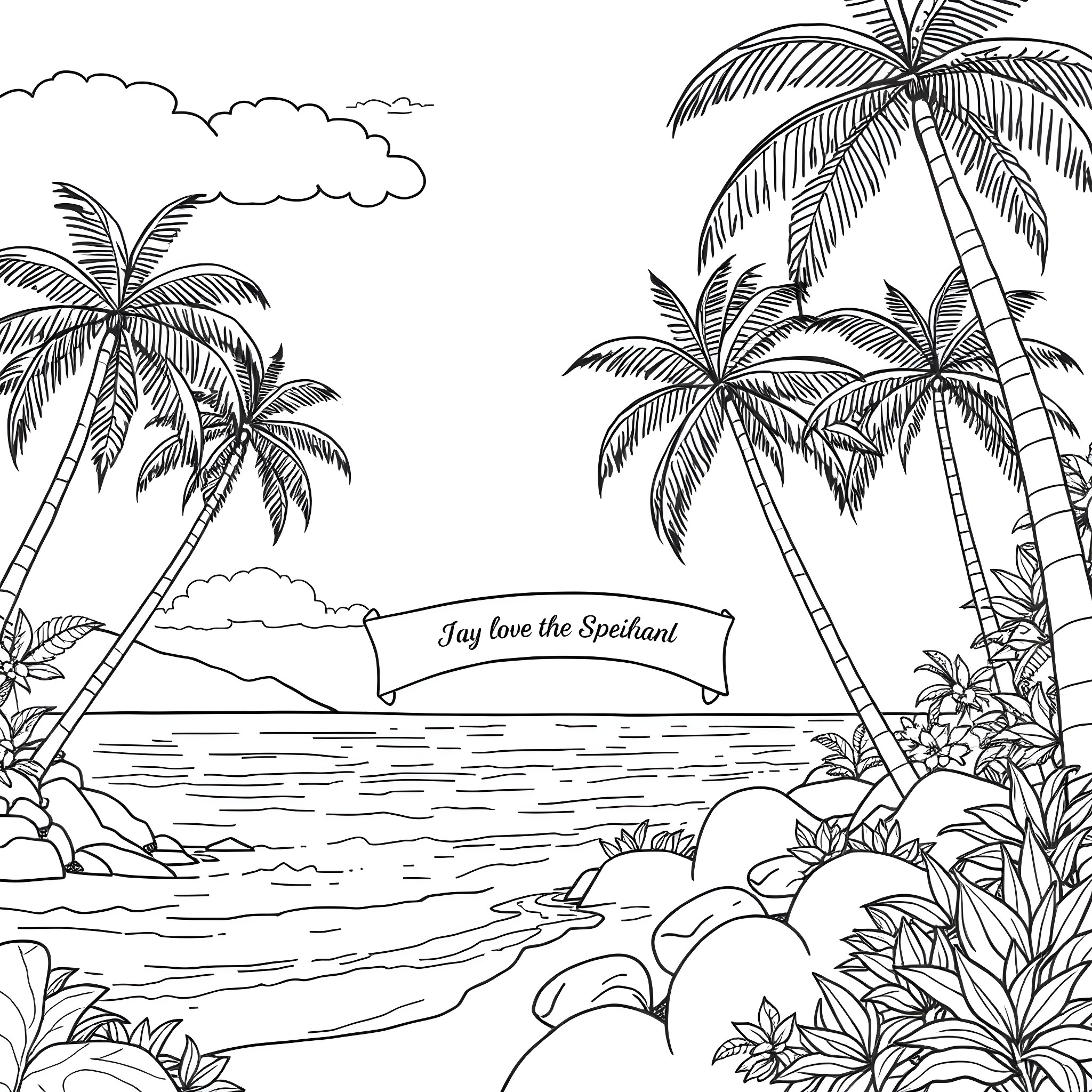 Bible Quote: Tropical beach with palm trees and seascape Coloring Page (free black-and-white line drawing printable PDF for all, from beginners to advanced learners, including children, teens, adults, and seniors)