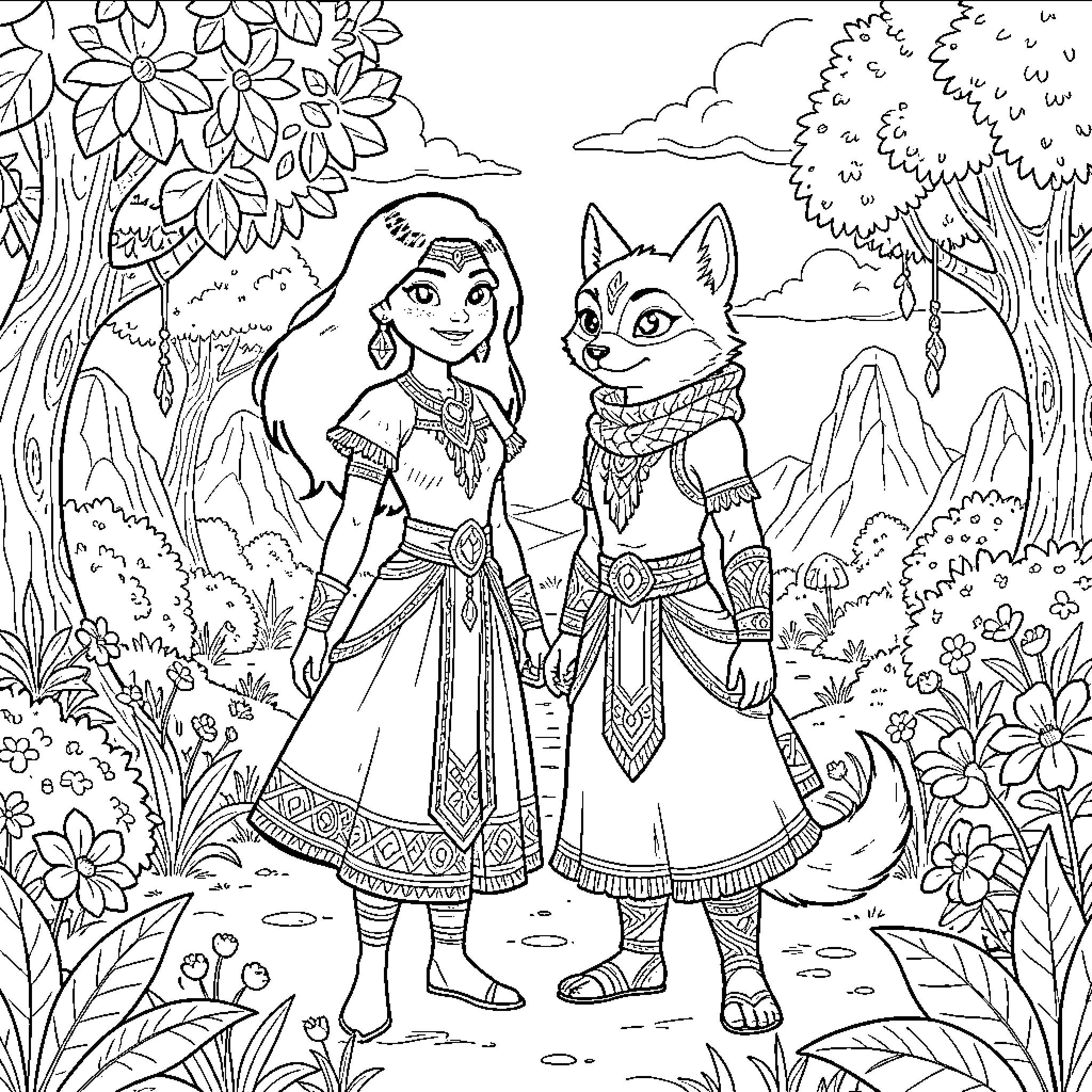 Raya and her Trusty Companion Explore the Forest Coloring Page (free black-and-white line drawing printable PDF for all, from beginners to advanced learners, including children, teens, adults, and seniors)