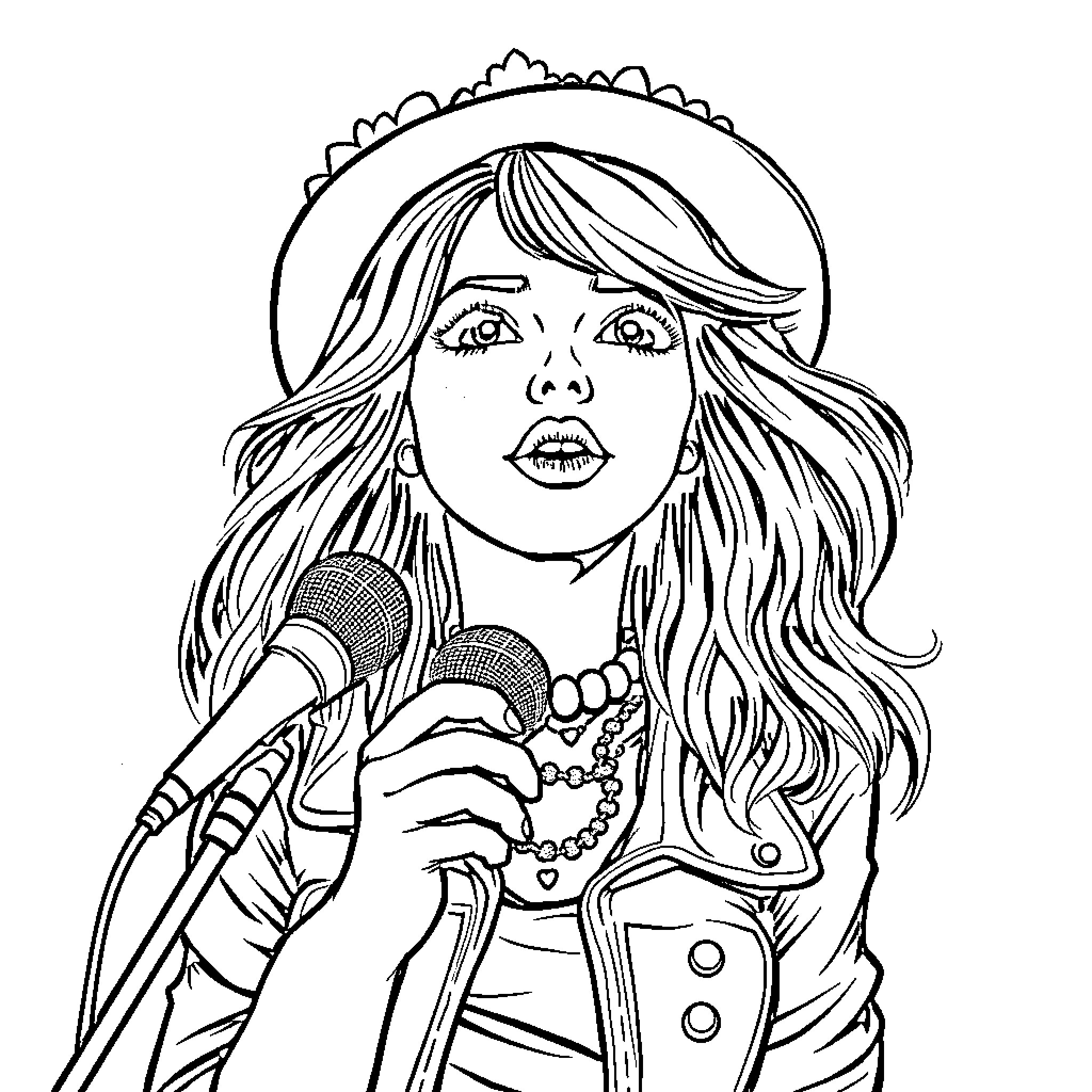 Paperella sings enthusiastically on stage Coloring Page (free black-and-white line drawing printable PDF for all, from beginners to advanced learners, including children, teens, adults, and seniors)