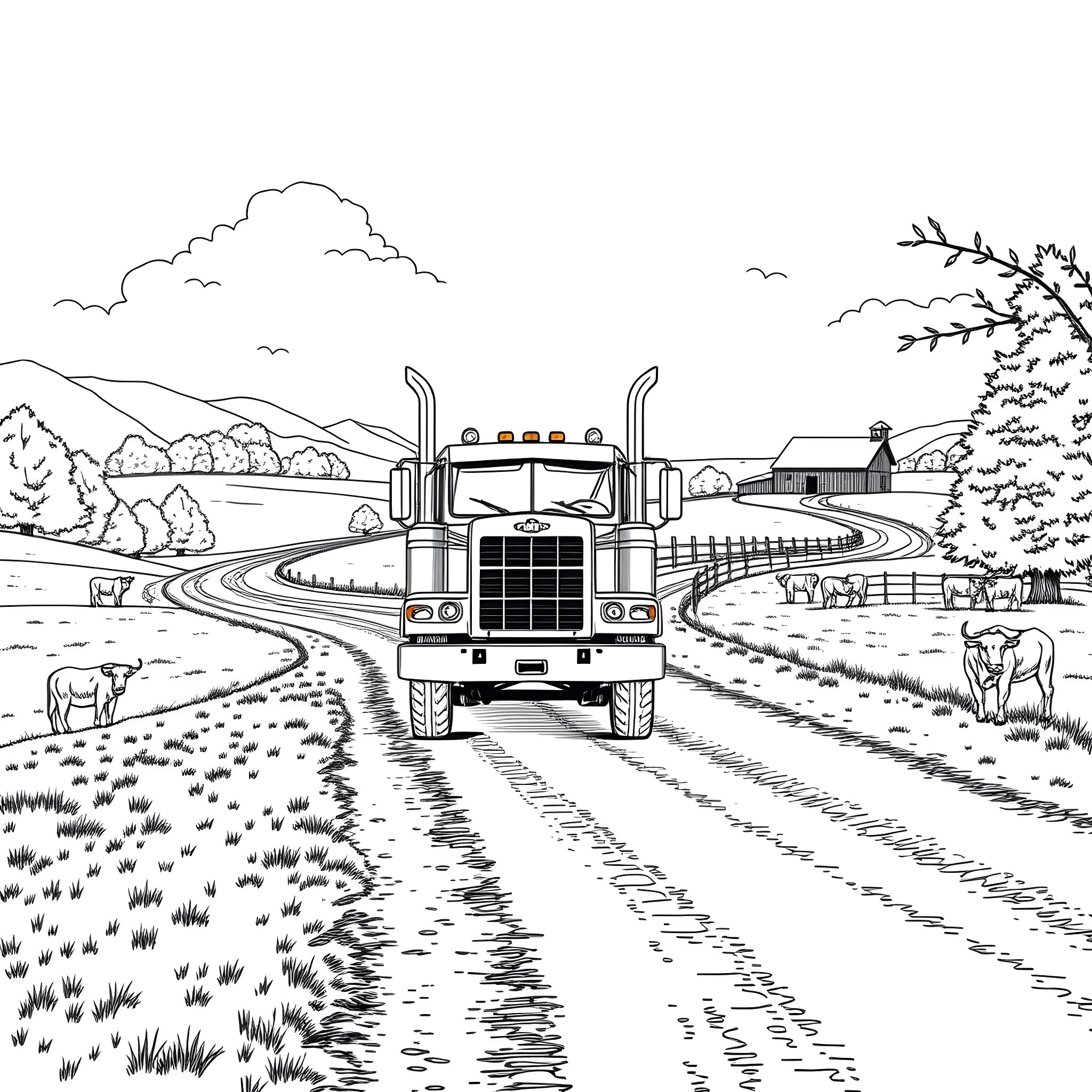 Cattle Truck on a Winding Rural Road Coloring Page (free black-and-white line drawing printable PDF for all, from beginners to advanced learners, including children, teens, adults, and seniors)