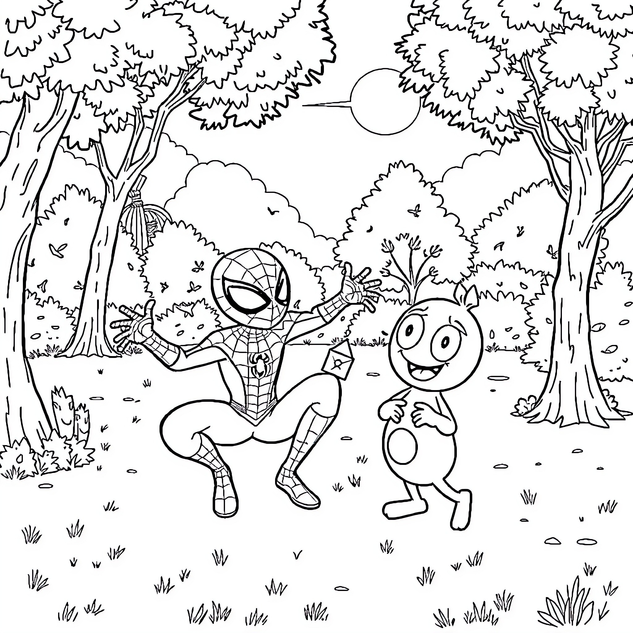 Spider-Man and Cartoon Character Explore the Enchanted Forest Coloring Page (free black-and-white line drawing printable PDF for all, from beginners to advanced learners, including children, teens, adults, and seniors)