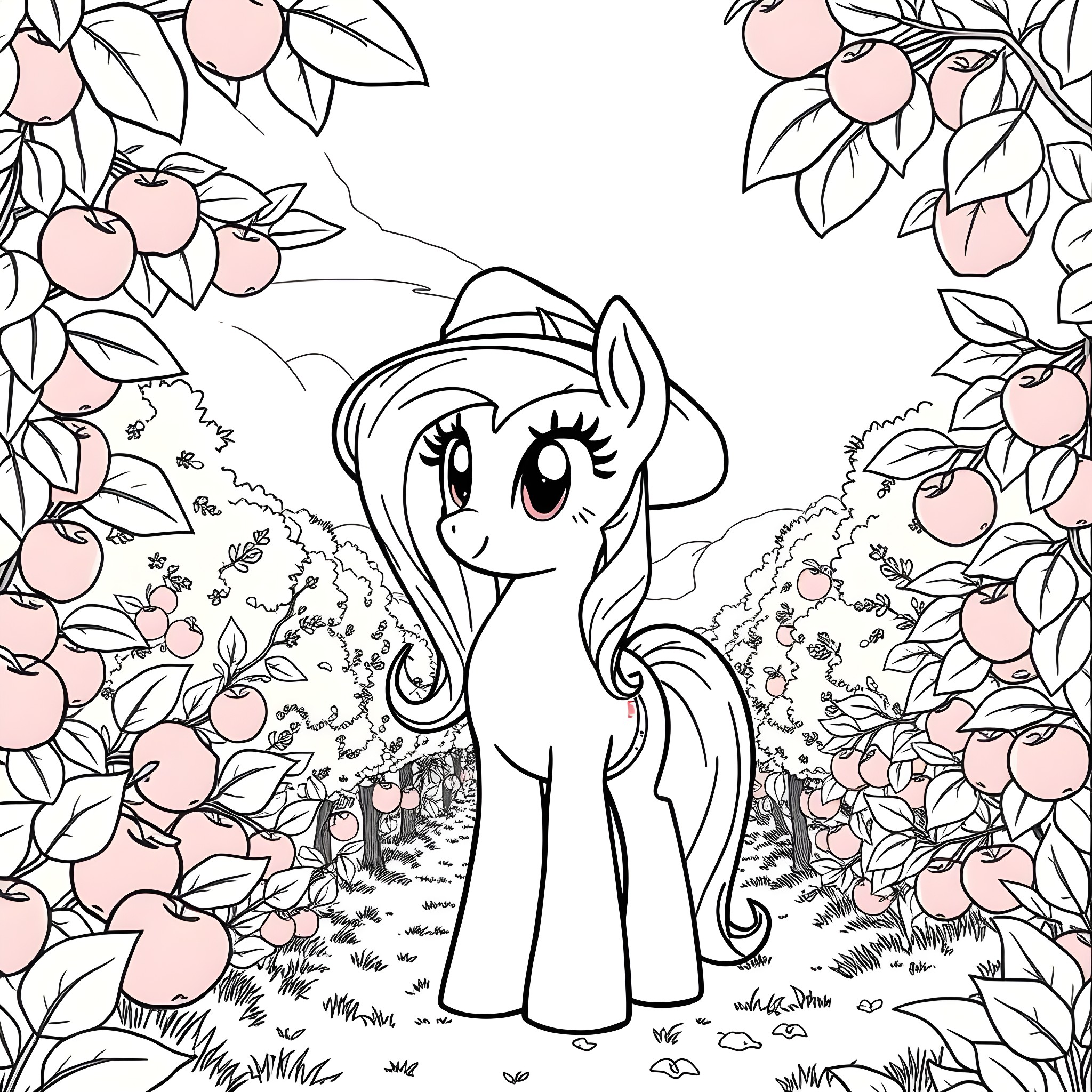 Applejack exploring the bountiful apple orchard Coloring Page (free black-and-white line drawing printable PDF for all, from beginners to advanced learners, including children, teens, adults, and seniors)
