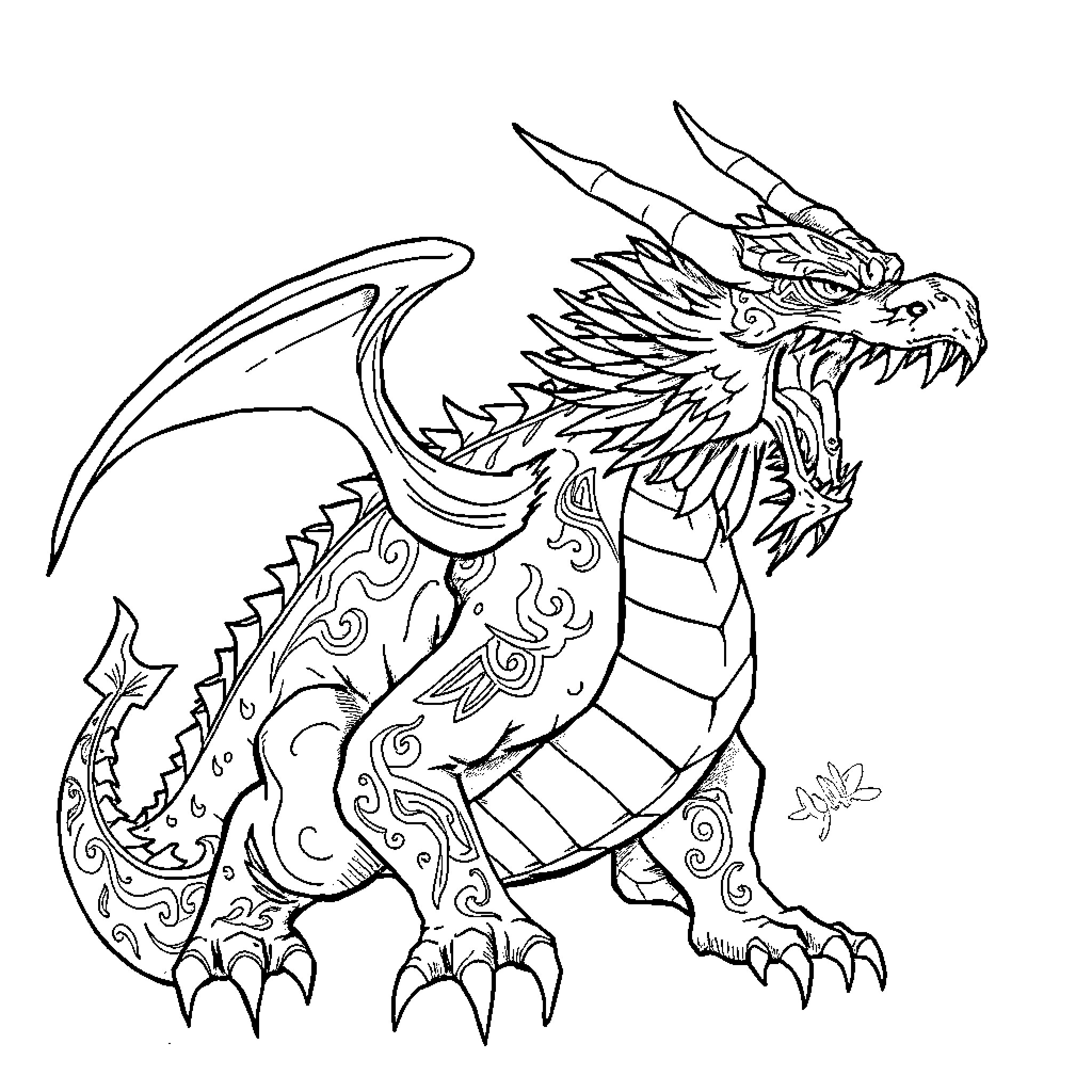 Dragon Unleashing its Ferocious Might Coloring Page (free black-and-white line drawing printable PDF for all, from beginners to advanced learners, including children, teens, adults, and seniors)