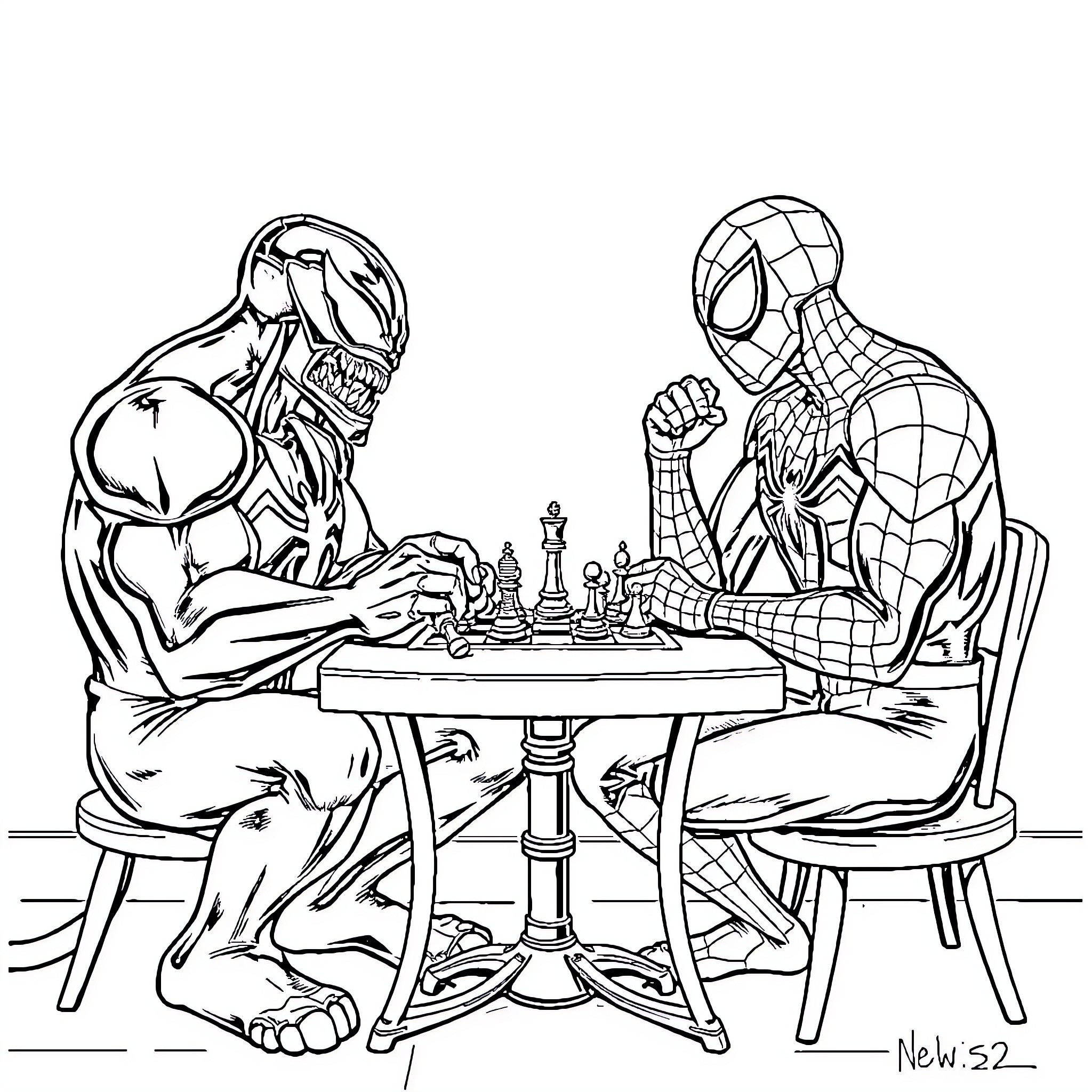 Venom playing chess with Spider-Man Coloring Page (free black-and-white line drawing printable PDF for all, from beginners to advanced learners, including children, teens, adults, and seniors)