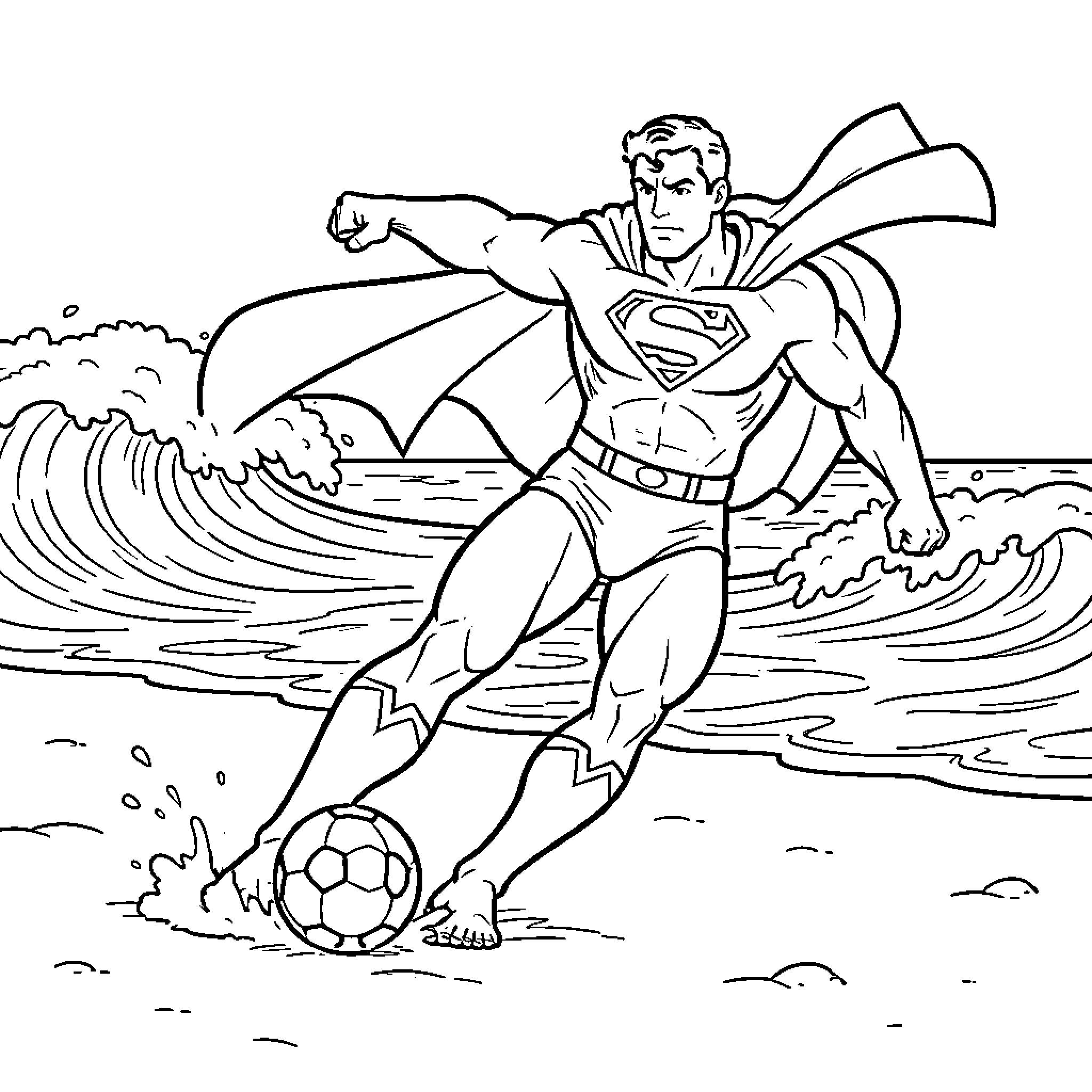 Superman playing soccer on the beach Coloring Page (free black-and-white line drawing printable PDF for all, from beginners to advanced learners, including children, teens, adults, and seniors)