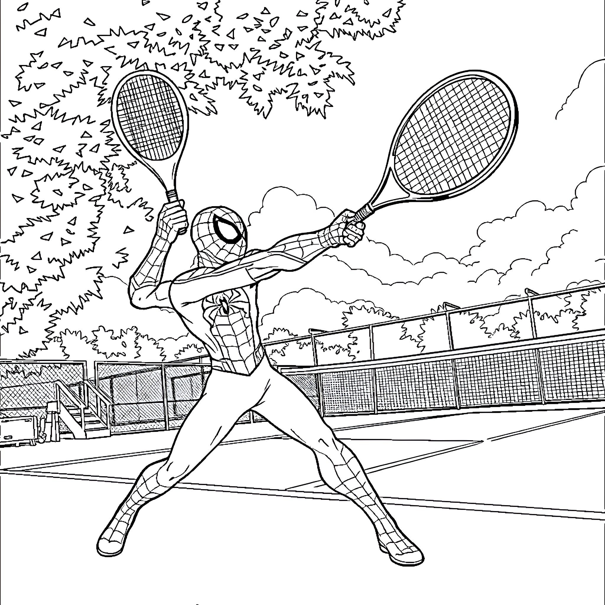 Spiderman playing tennis on the court Coloring Page (free black-and-white line drawing printable PDF for all, from beginners to advanced learners, including children, teens, adults, and seniors)