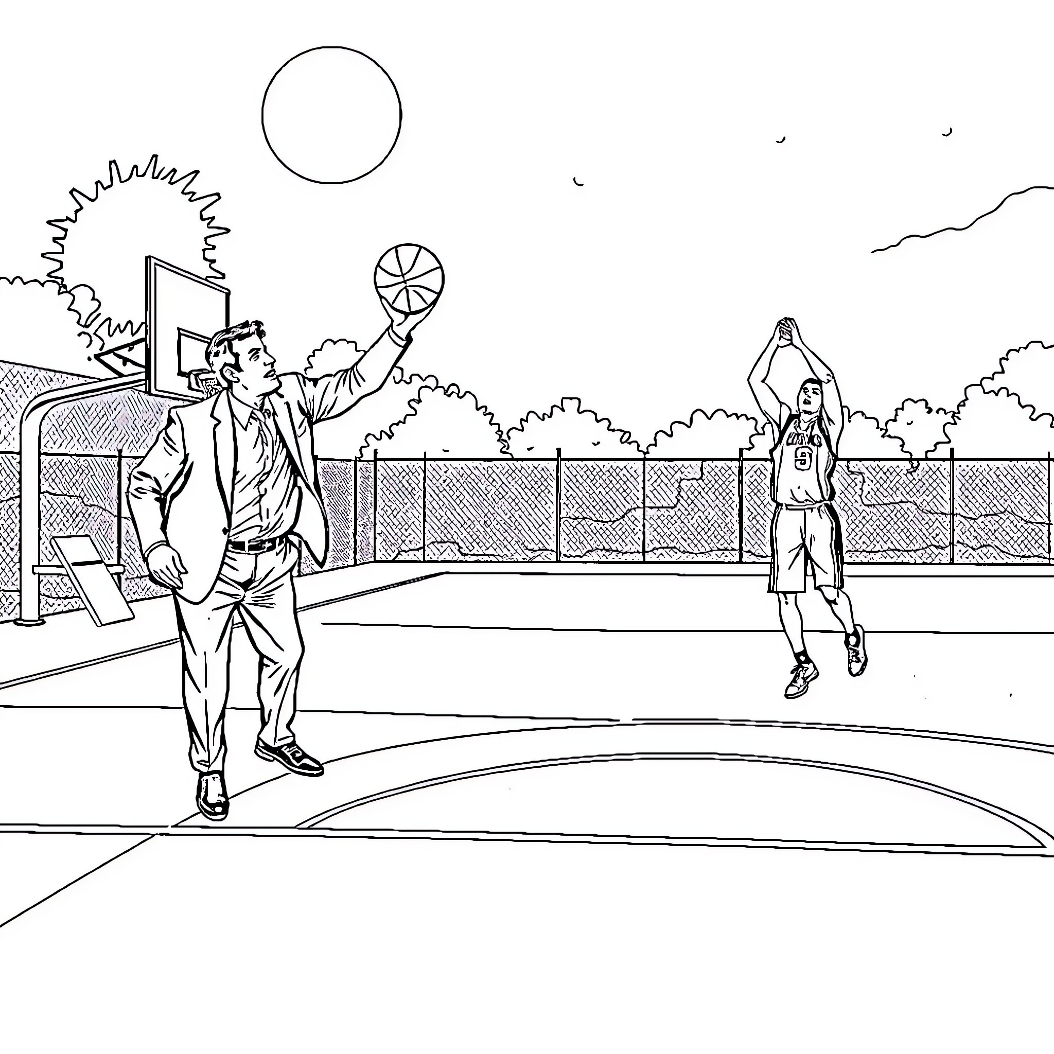 Tony Soprano playing basketball with a woman on a court Coloring Page (free black-and-white line drawing printable PDF for all, from beginners to advanced learners, including children, teens, adults, and seniors)