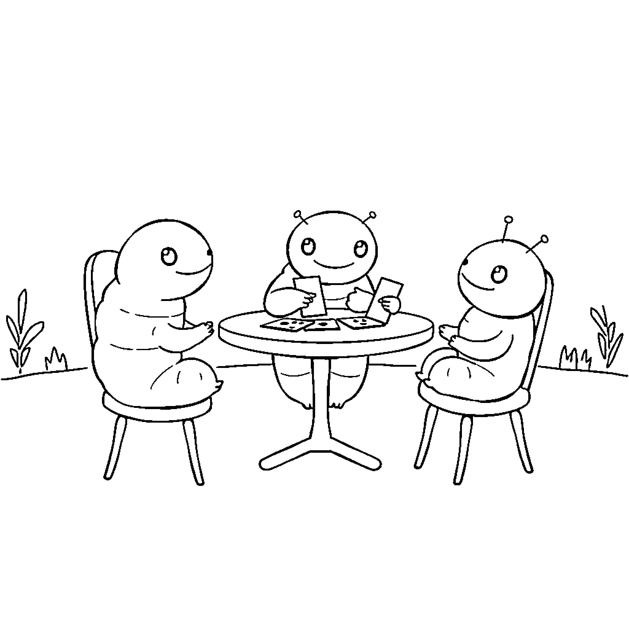 Tardigrade friends enjoying a meal together Coloring Page (free black-and-white line drawing printable PDF for all, from beginners to advanced learners, including children, teens, adults, and seniors)