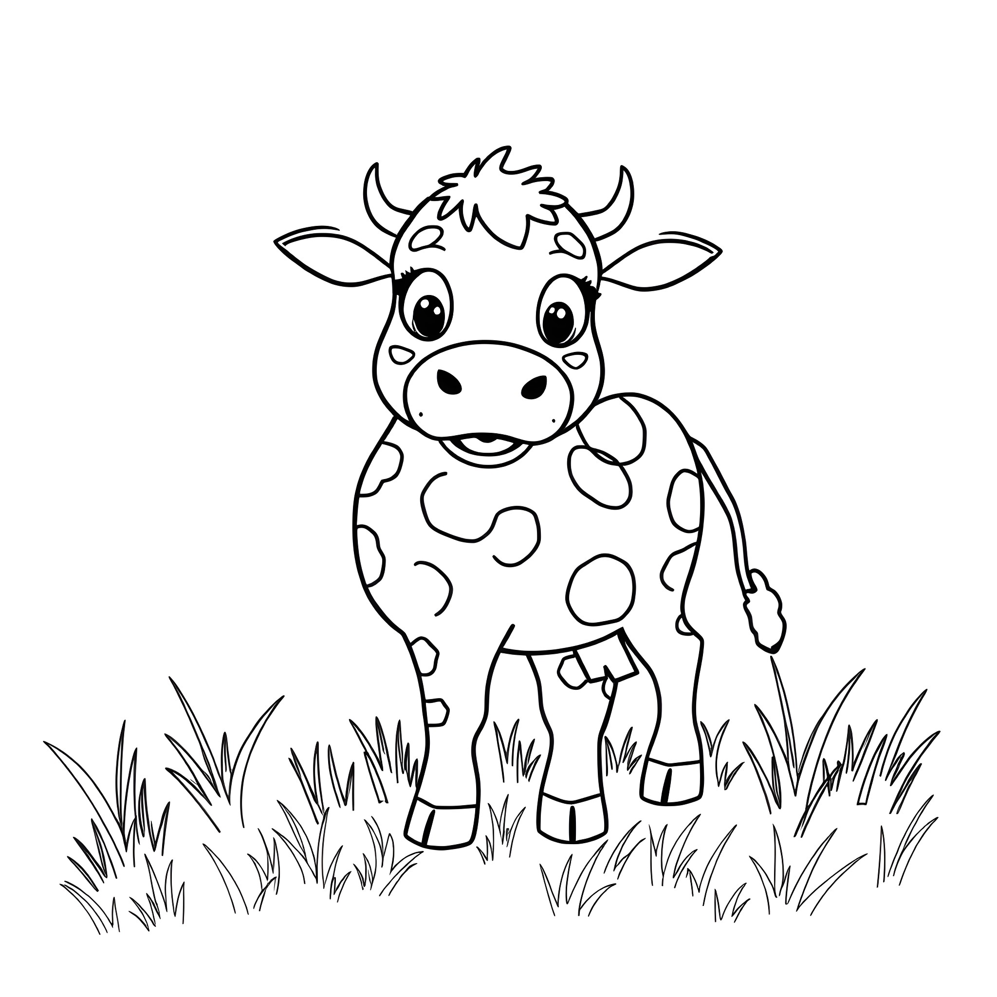 Number Block Cow in Meadow Coloring Page (free black-and-white line drawing printable PDF for all, from beginners to advanced learners, including children, teens, adults, and seniors)