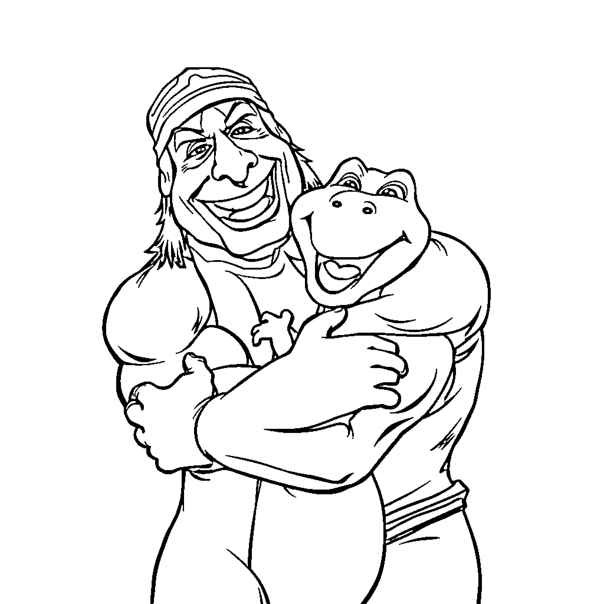 Hulk Hogan embracing a cartoon character Coloring Page (free black-and-white line drawing printable PDF for all, from beginners to advanced learners, including children, teens, adults, and seniors)