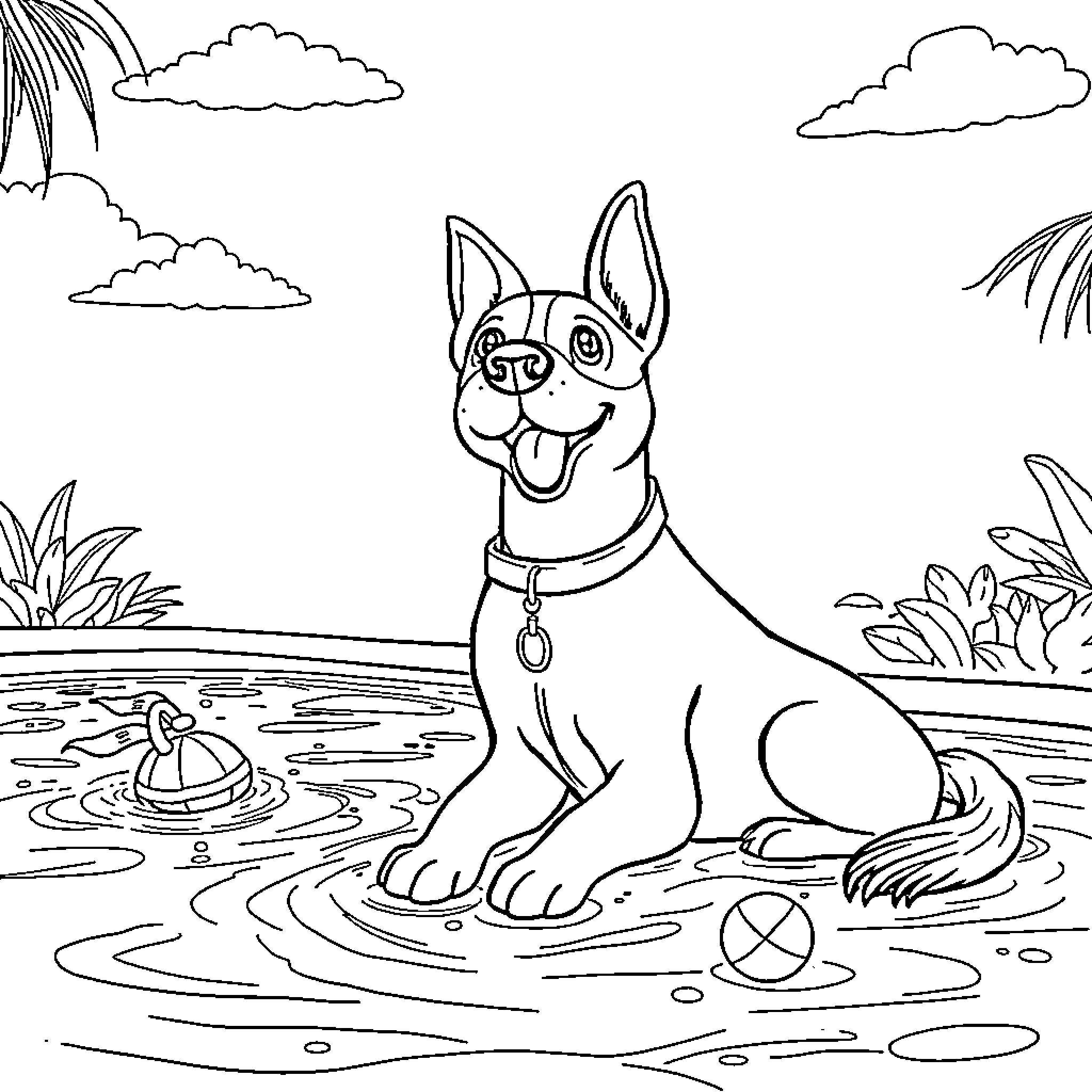 Paw Patrol character playing in the water Coloring Page (free black-and-white line drawing printable PDF for all, from beginners to advanced learners, including children, teens, adults, and seniors)