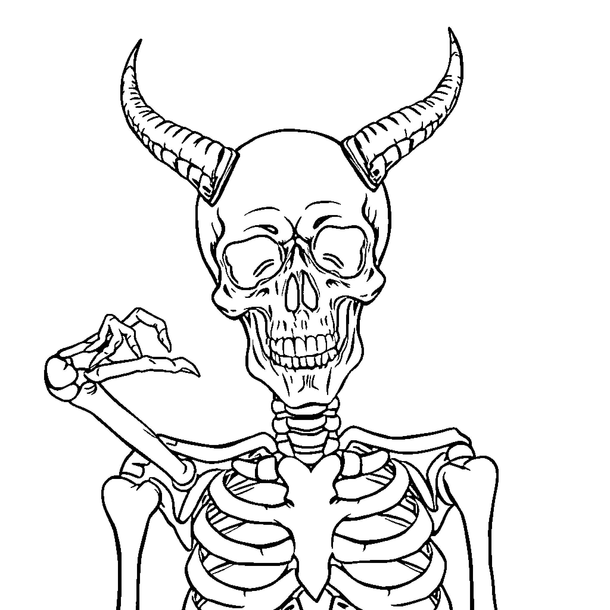 Skeleton with horns and bones Coloring Page (free black-and-white line drawing printable PDF for all, from beginners to advanced learners, including children, teens, adults, and seniors)