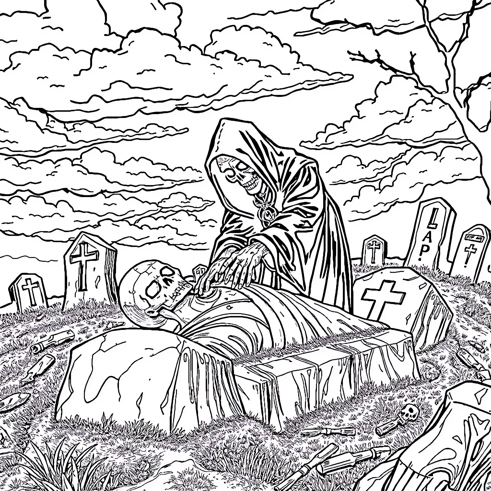 Undertaker presiding over a somber gravesite scene Coloring Page (free black-and-white line drawing printable PDF for all, from beginners to advanced learners, including children, teens, adults, and seniors)