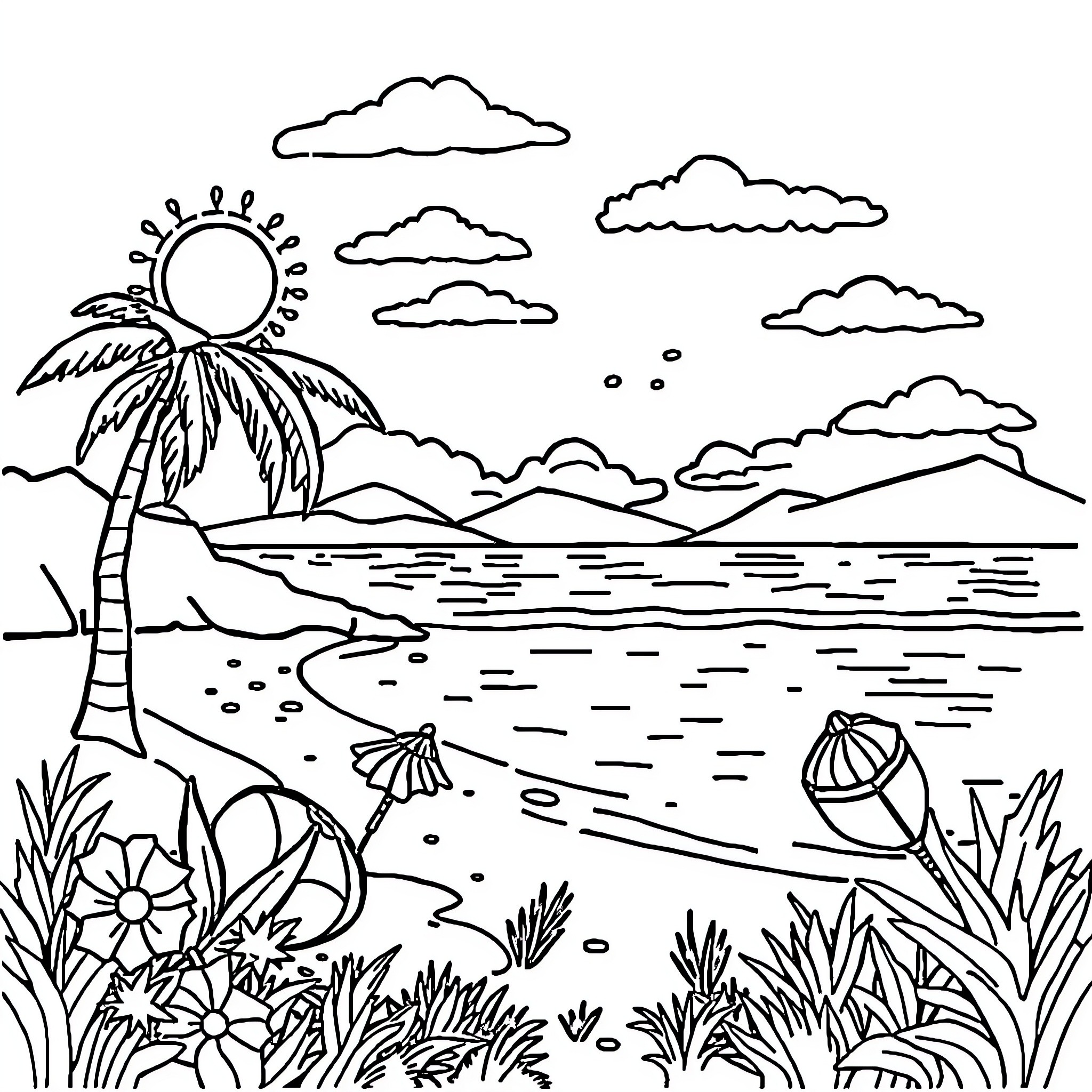 Summer beach scene with palm trees and clouds Coloring Page (free black-and-white line drawing printable PDF for all, from beginners to advanced learners, including children, teens, adults, and seniors)