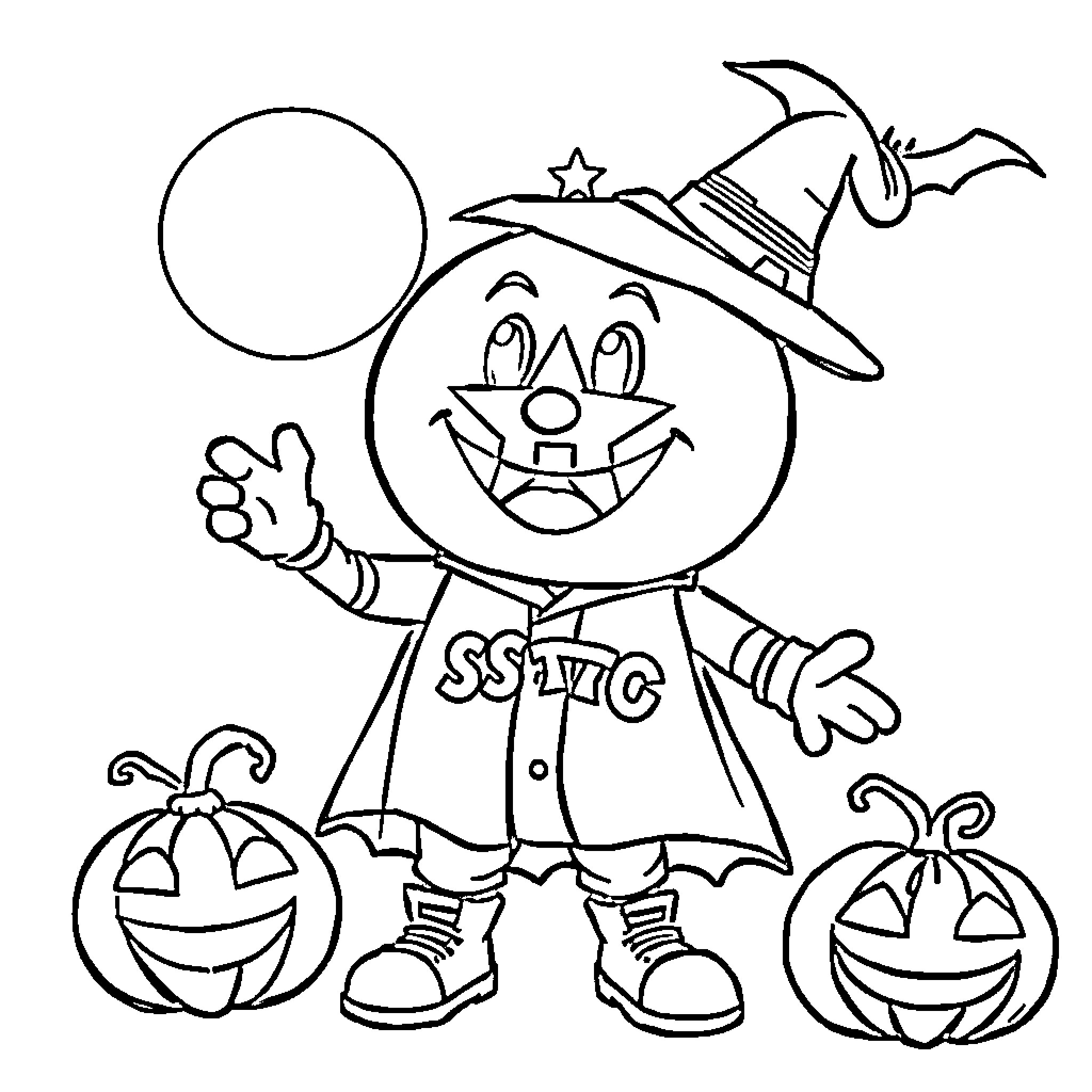 Astros Mascot in Halloween Costume with Pumpkins Coloring Page (free black-and-white line drawing printable PDF for all, from beginners to advanced learners, including children, teens, adults, and seniors)