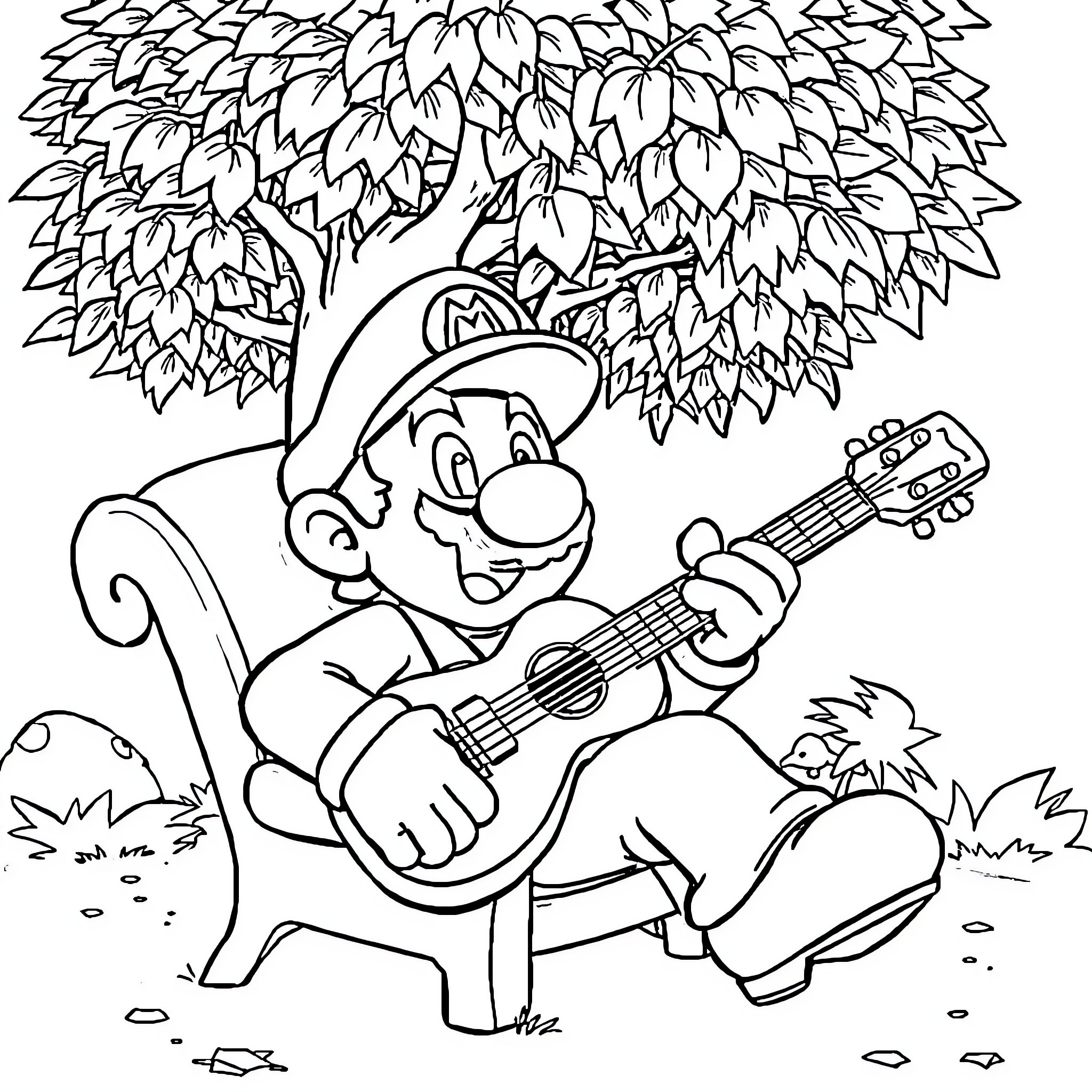 Mario playing guitar under a tree Coloring Page (free black-and-white line drawing printable PDF for all, from beginners to advanced learners, including children, teens, adults, and seniors)