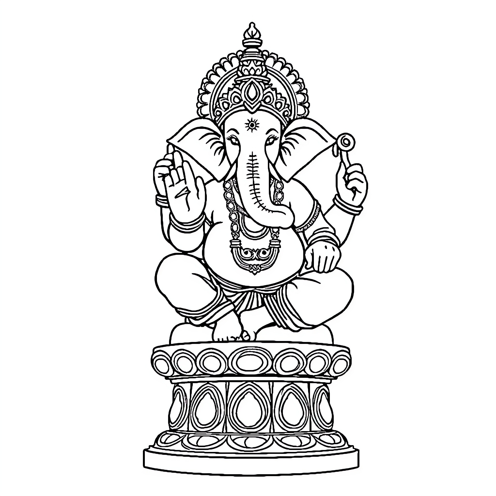 Ganesh seated in meditation pose Coloring Page (free black-and-white line drawing printable PDF for all, from beginners to advanced learners, including children, teens, adults, and seniors)