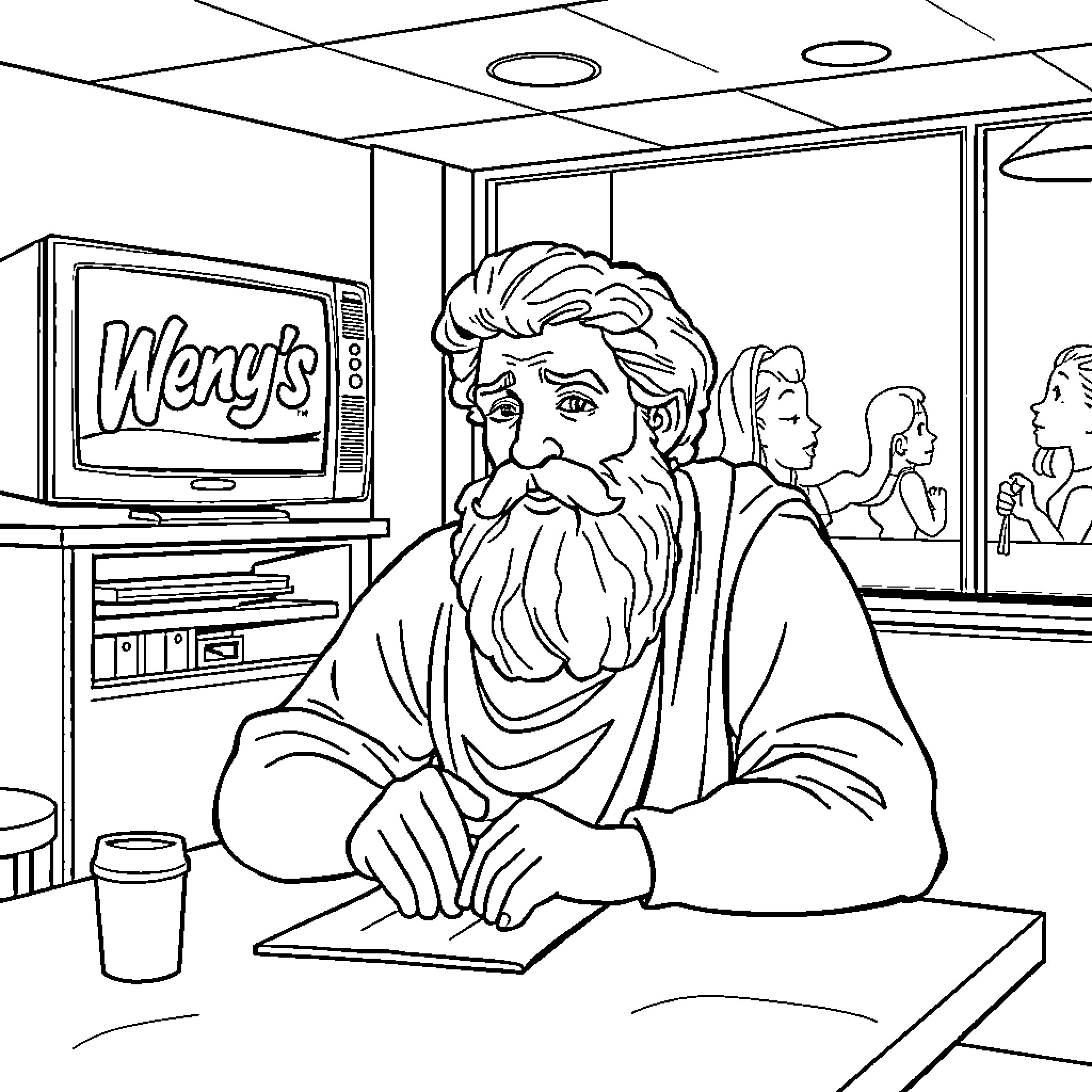 Sophocles pondering in a modern setting Coloring Page (free black-and-white line drawing printable PDF for all, from beginners to advanced learners, including children, teens, adults, and seniors)