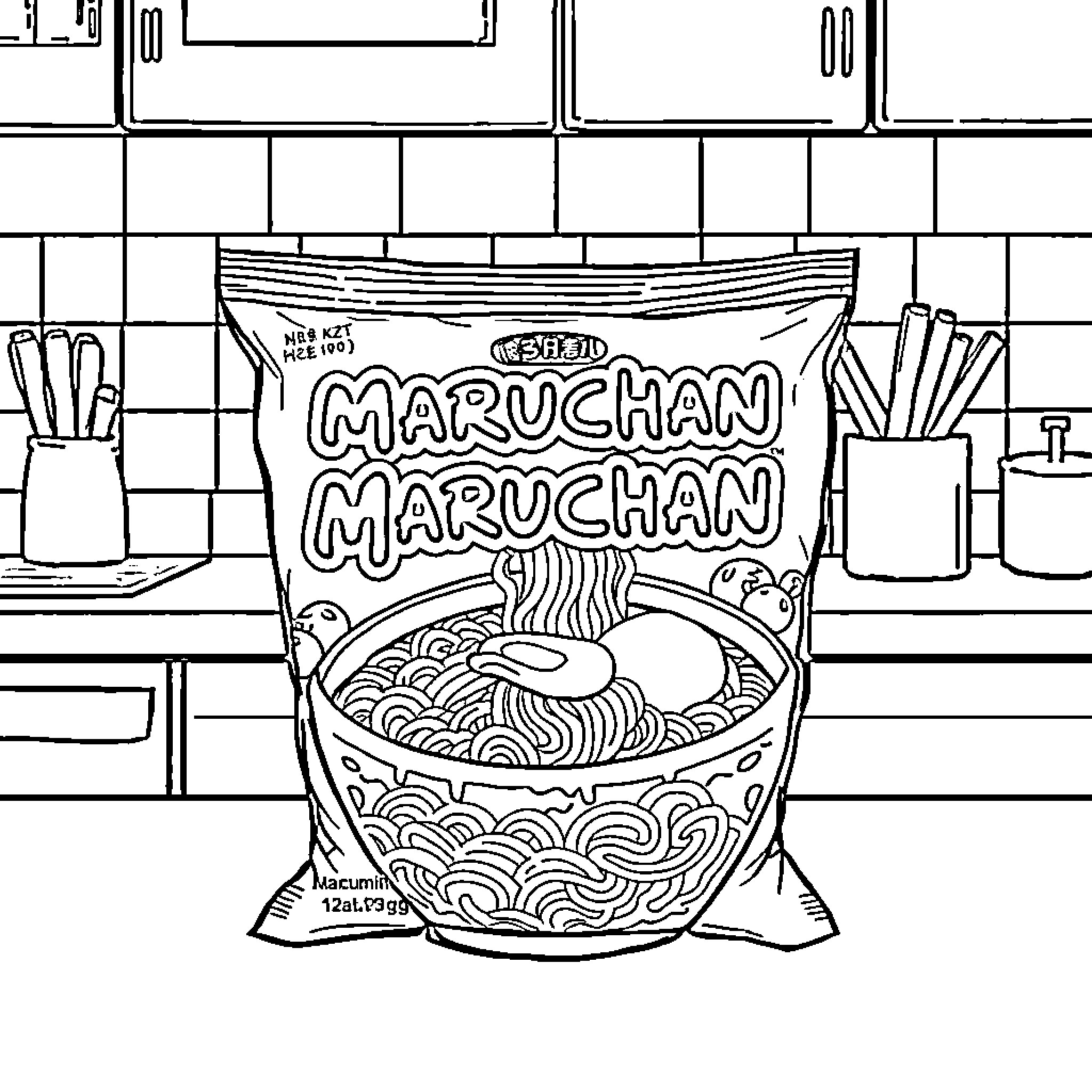 Maruchan Ramen Noodles in the Kitchen Coloring Page (free black-and-white line drawing printable PDF for all, from beginners to advanced learners, including children, teens, adults, and seniors)
