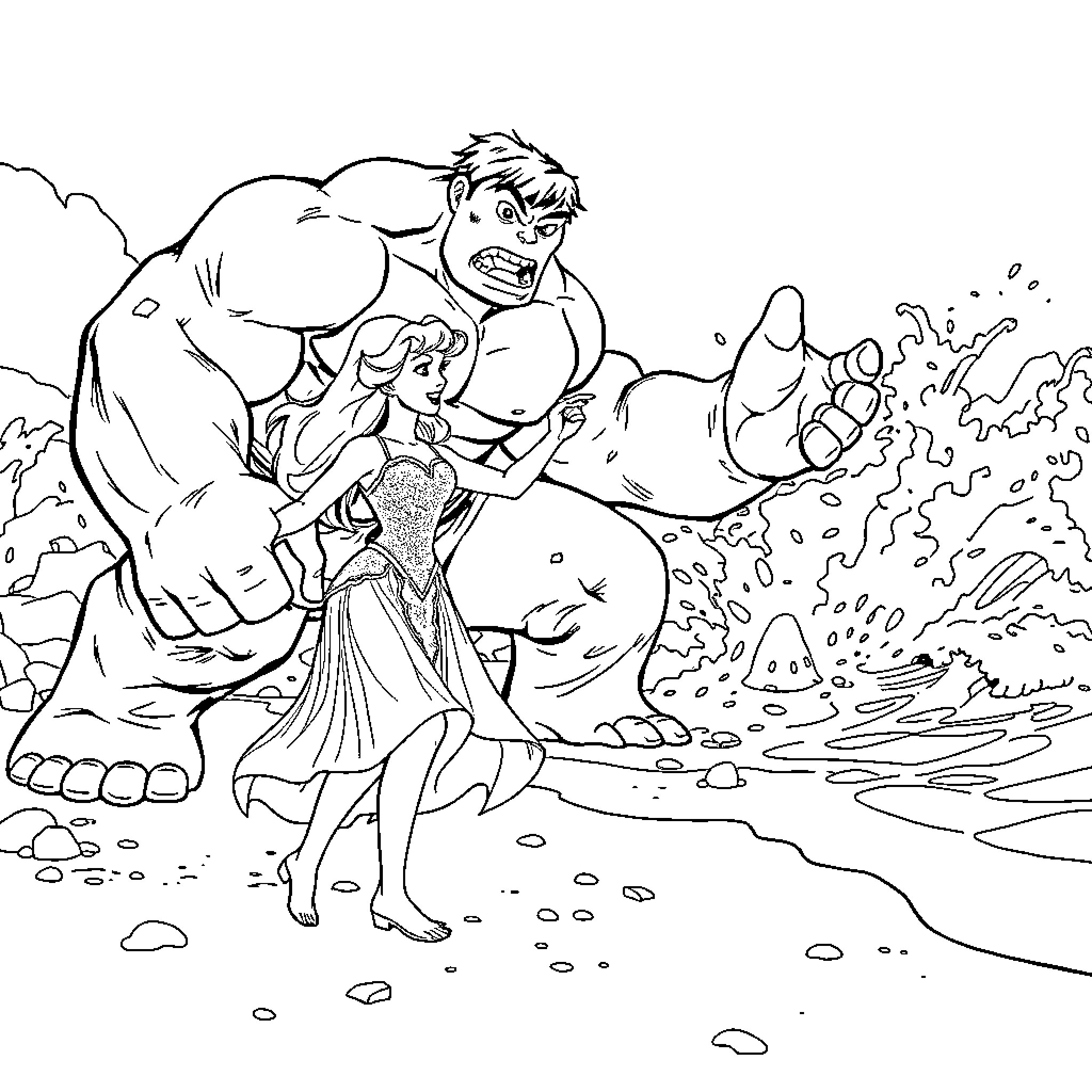 Cenerentola's Heroic Encounter with a Monstrous Creature Coloring Page (free black-and-white line drawing printable PDF for all, from beginners to advanced learners, including children, teens, adults, and seniors)